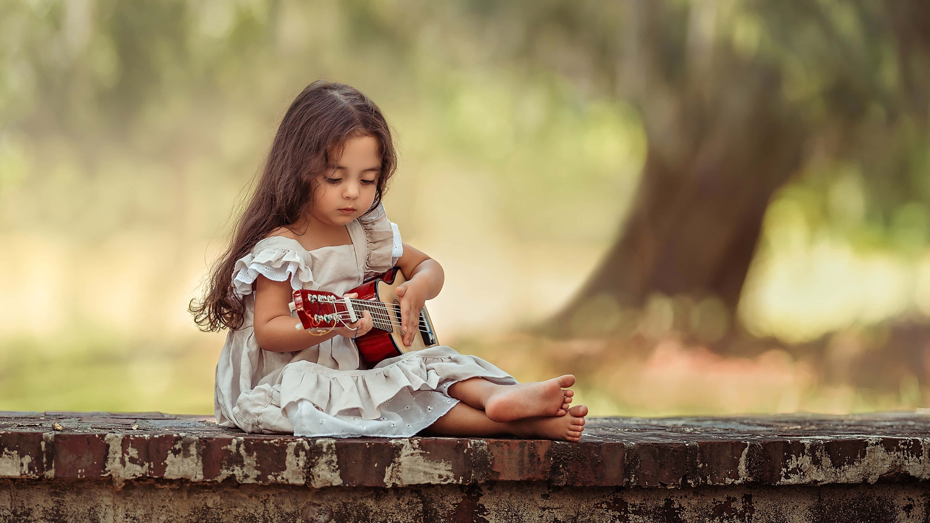 little girl, red ukulele, light dress, 4K Desktop Wallpaper