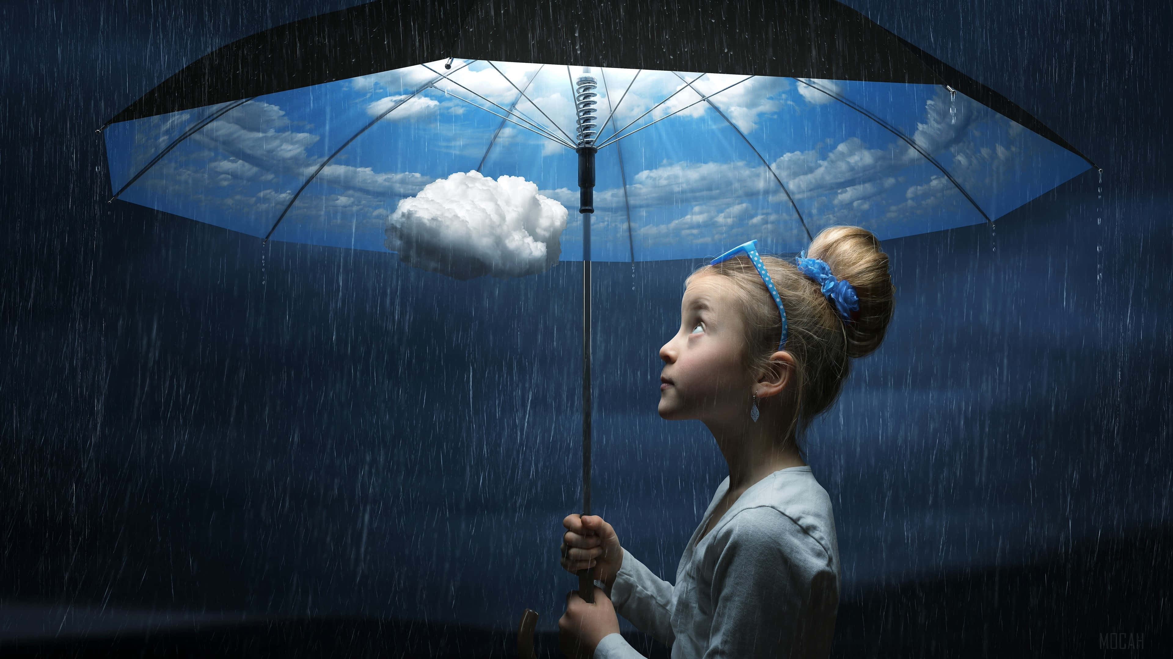 girl, cloud umbrella, bright sky, 4K Desktop Wallpaper