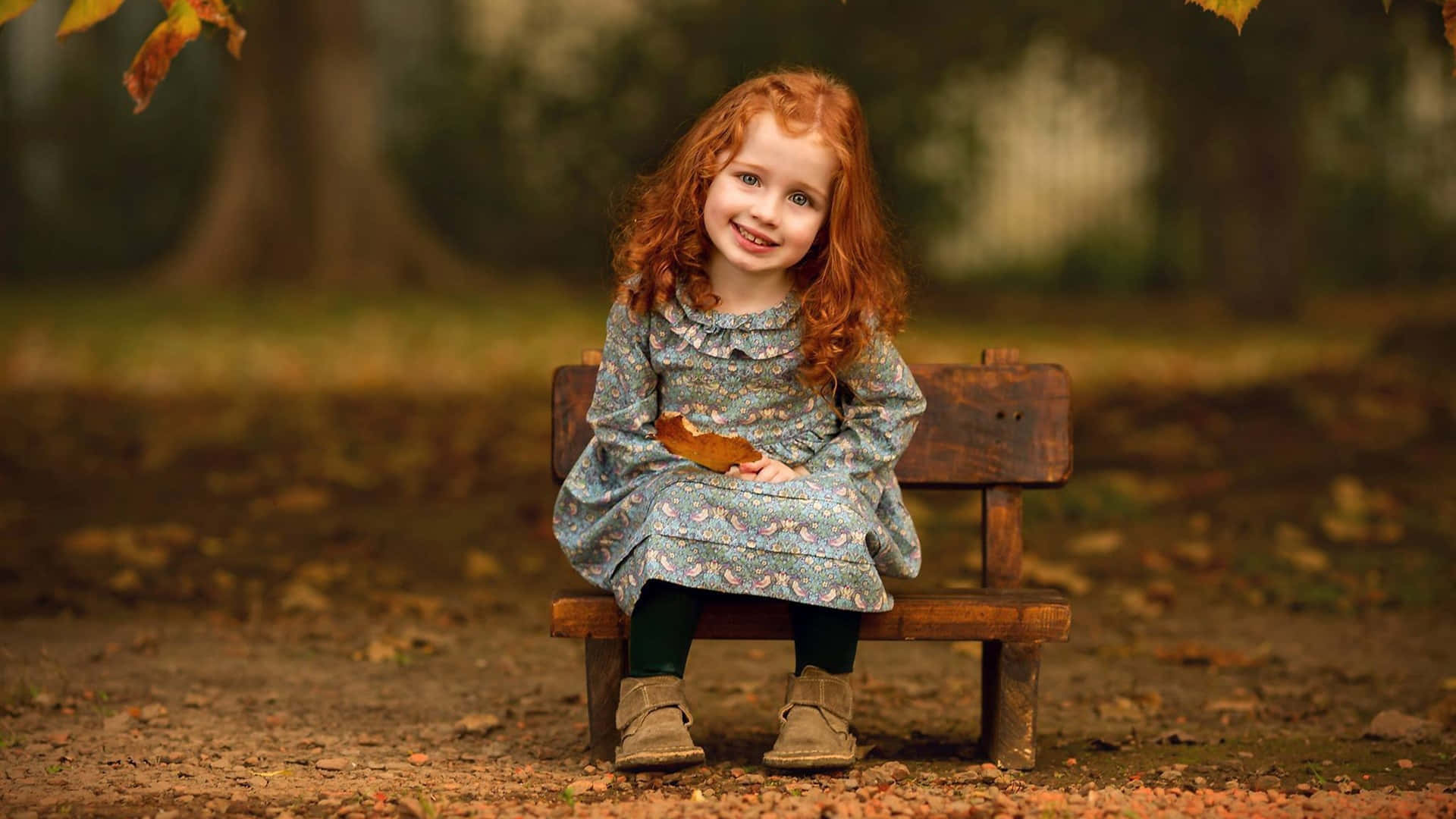 autumn smile little girl bench, red-haired child, floral dress, Full HD Desktop Wallpaper