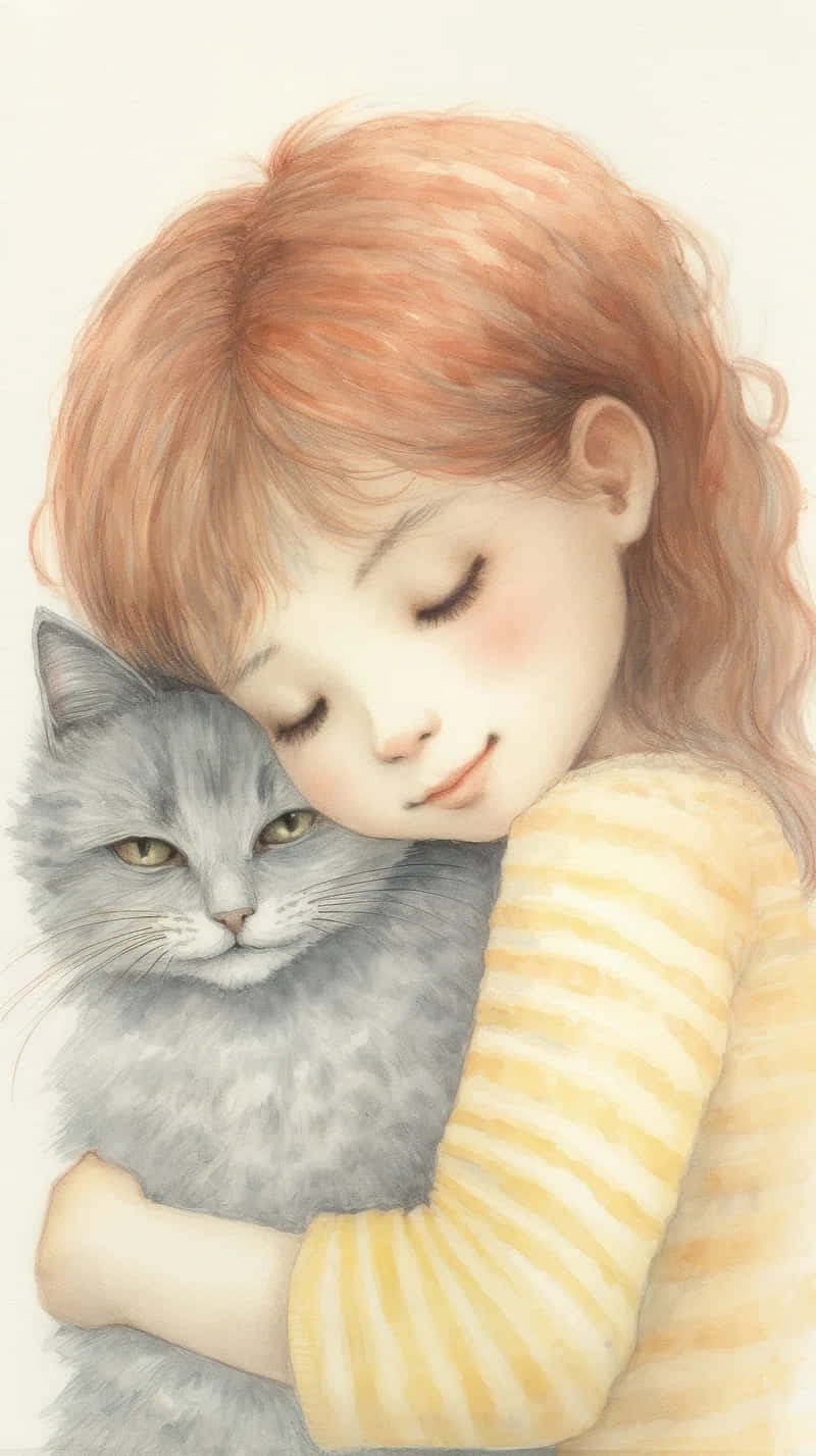 little girl, peach hair, fluffy gray cat, HD Phone Wallpaper