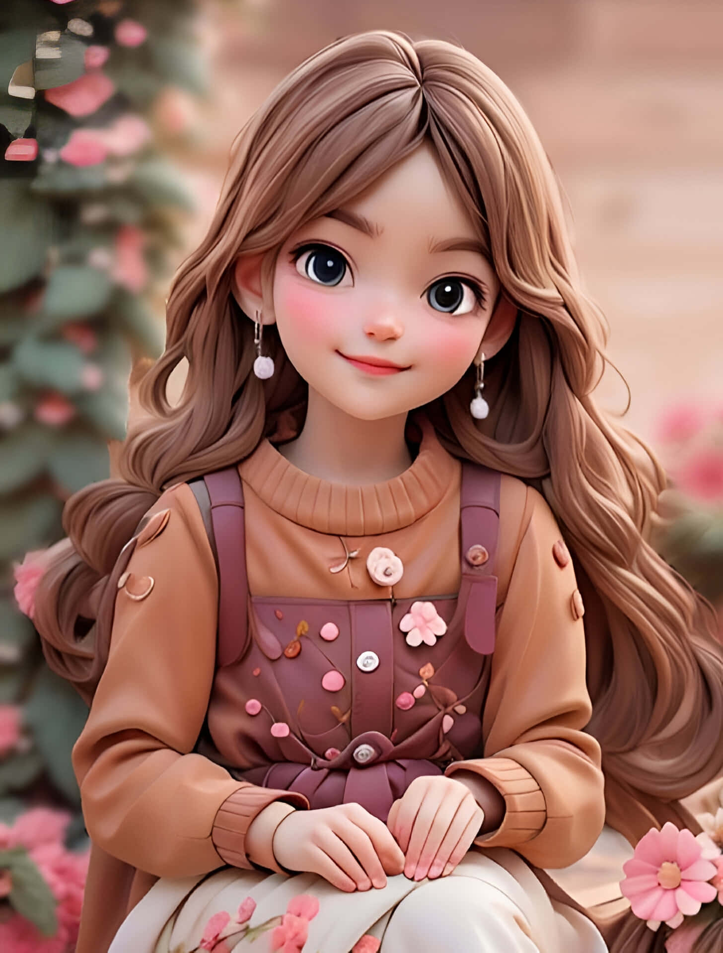 animated little girl, brown hair, pink flowers, Full HD Phone Wallpaper
