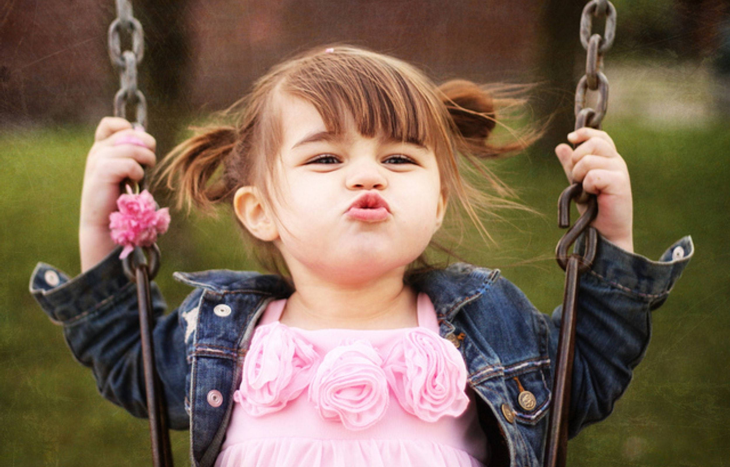 pout baby girl, pink dress, denim jacket, Full HD Desktop Wallpaper