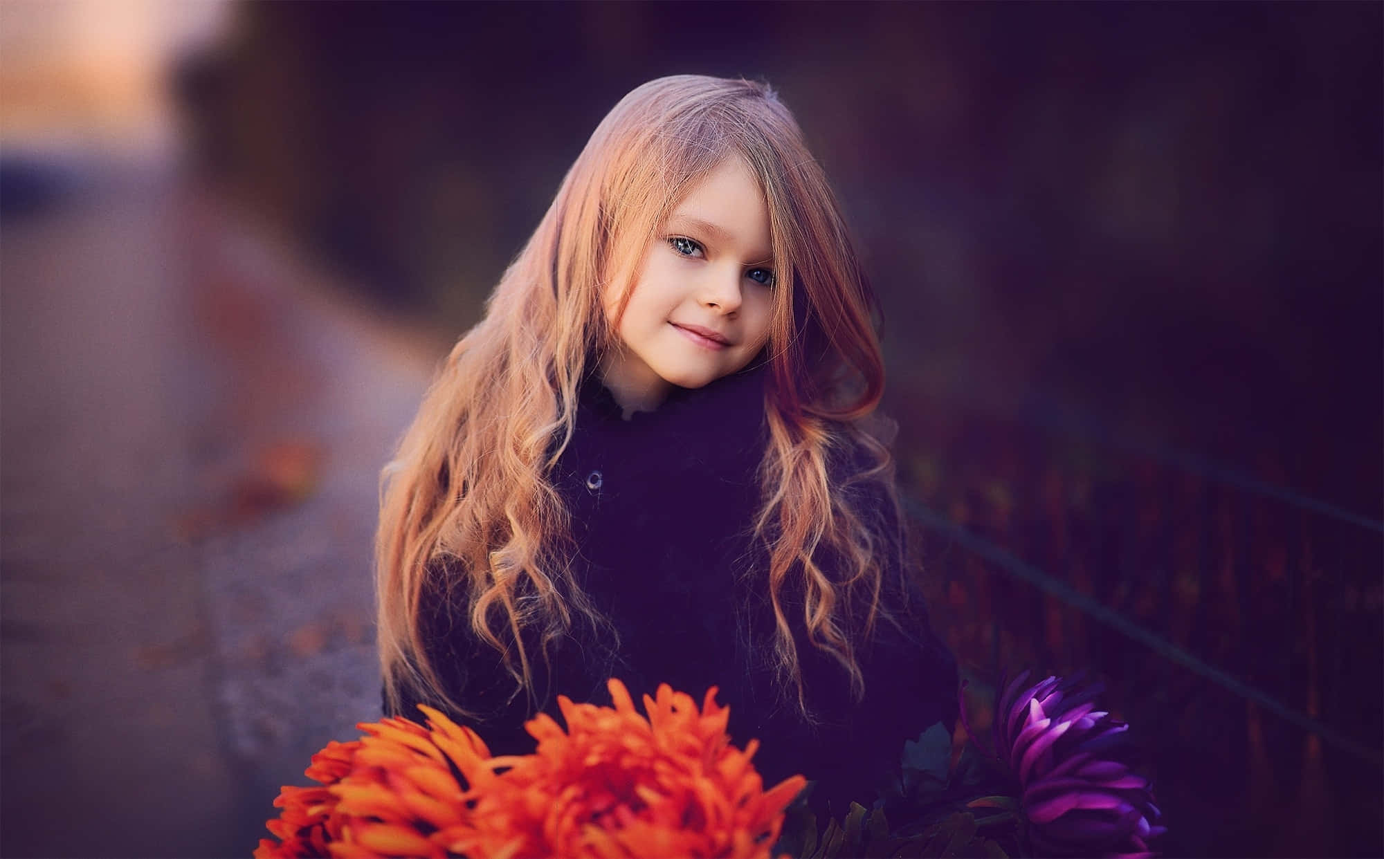 autumn portrait, little girl, vibrant orange flowers, Full HD Desktop Wallpaper