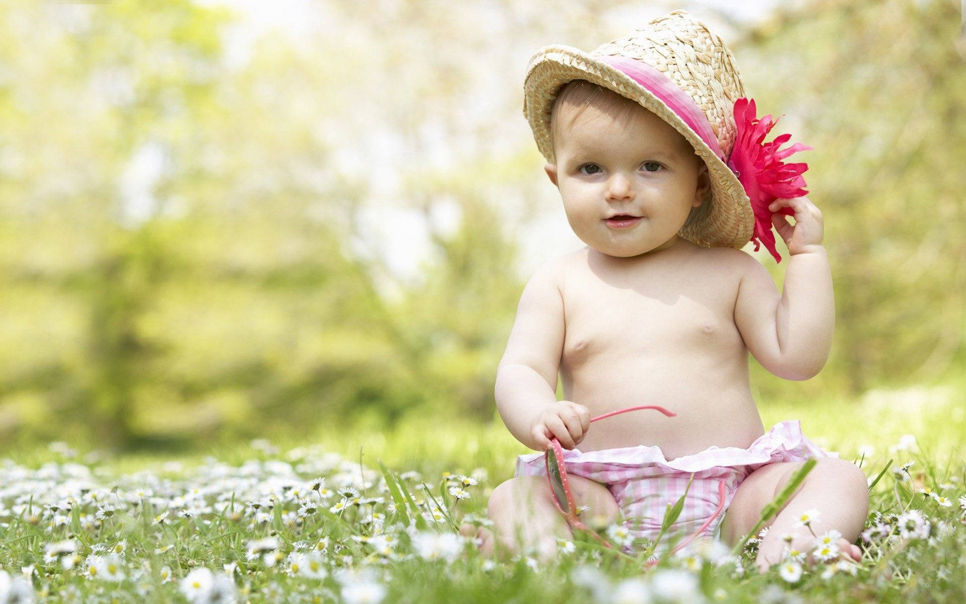 cute baby girl, white field, sunlit field of daisies, Full HD Desktop Wallpaper
