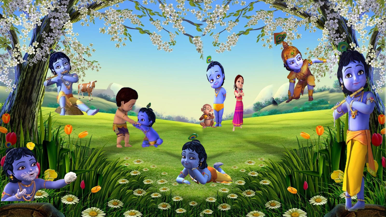 Little Krishna, cherry trees, vibrant meadow, HD Desktop Wallpaper