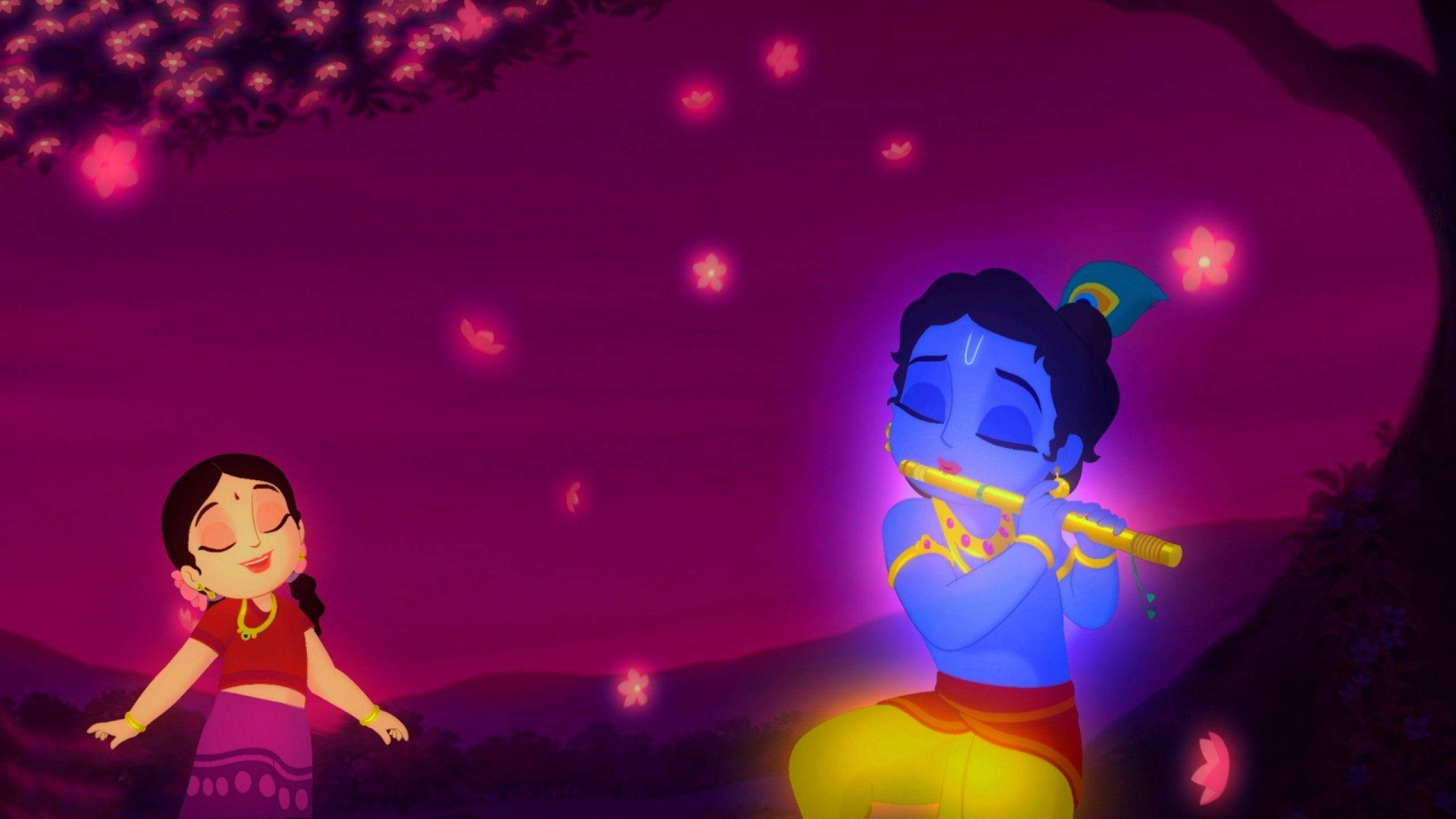 Little Krishna HD, glowing radha pink aesthetic, blue-skinned flute-playing deity, 2K Desktop Wallpaper