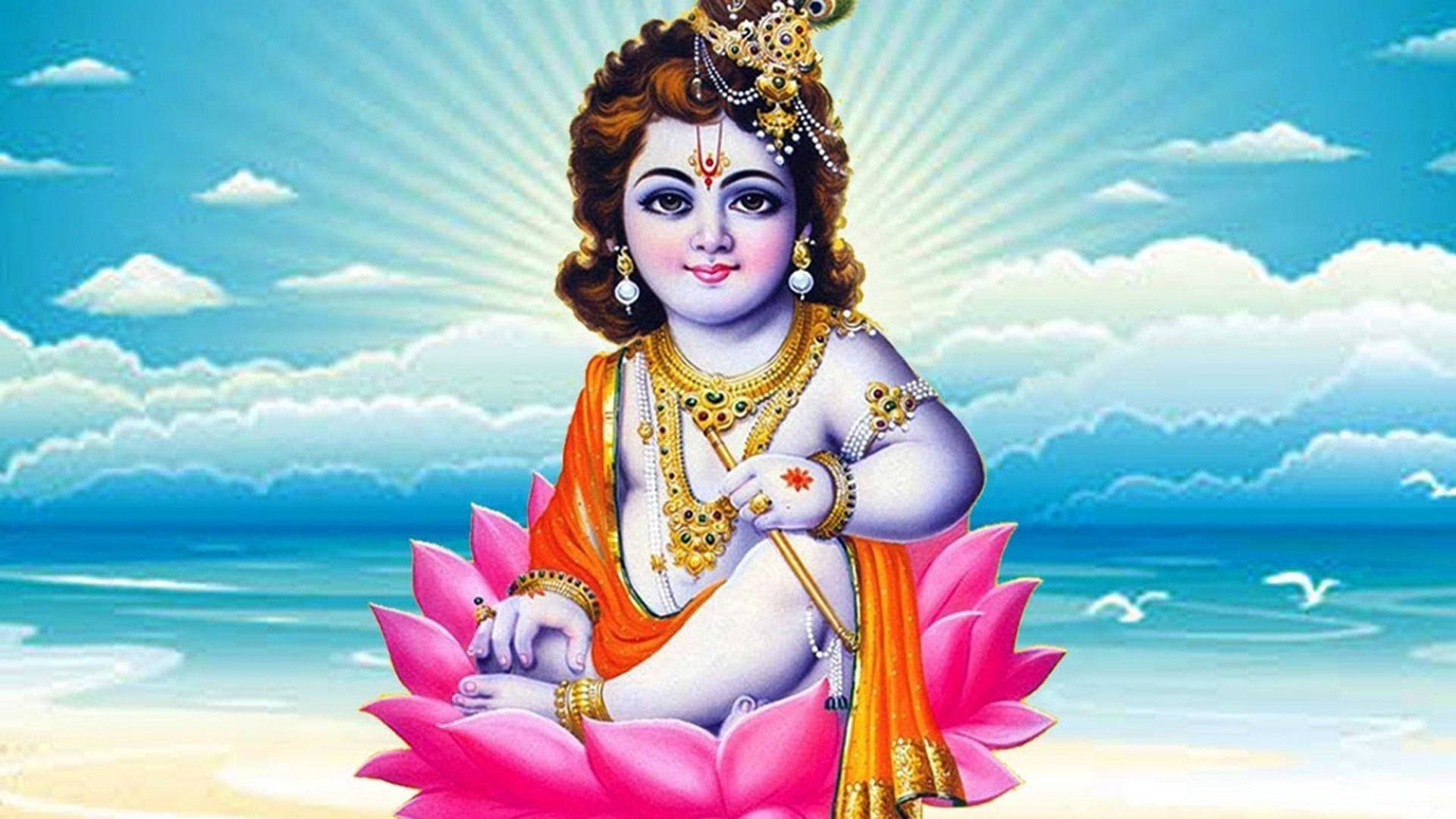 Little Krishna HD, pink lotus flower, ocean, Full HD Desktop Wallpaper