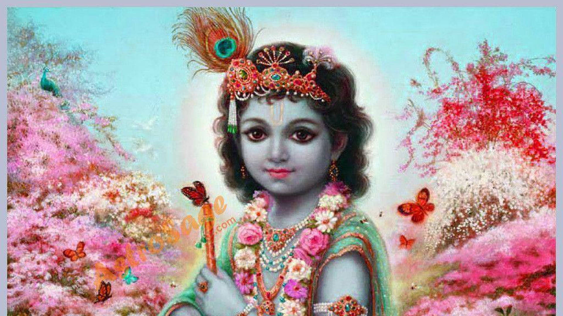 Little Krishna, pink aesthetic garden, peacock feather crown, Full HD Desktop Wallpaper