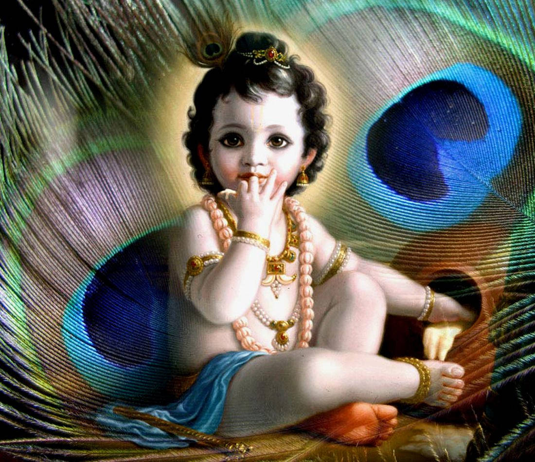Little Krishna HD, green and blue peacock feathers, gold jewelry, SD Desktop Wallpaper