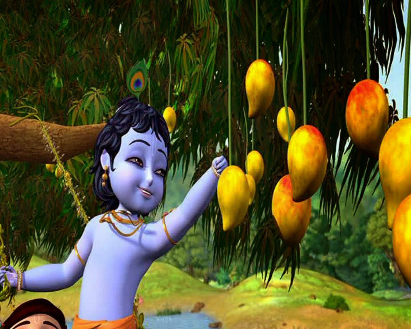 Little Krishna HD, mango fruits, blue-skinned animated child, HD Desktop Wallpaper
