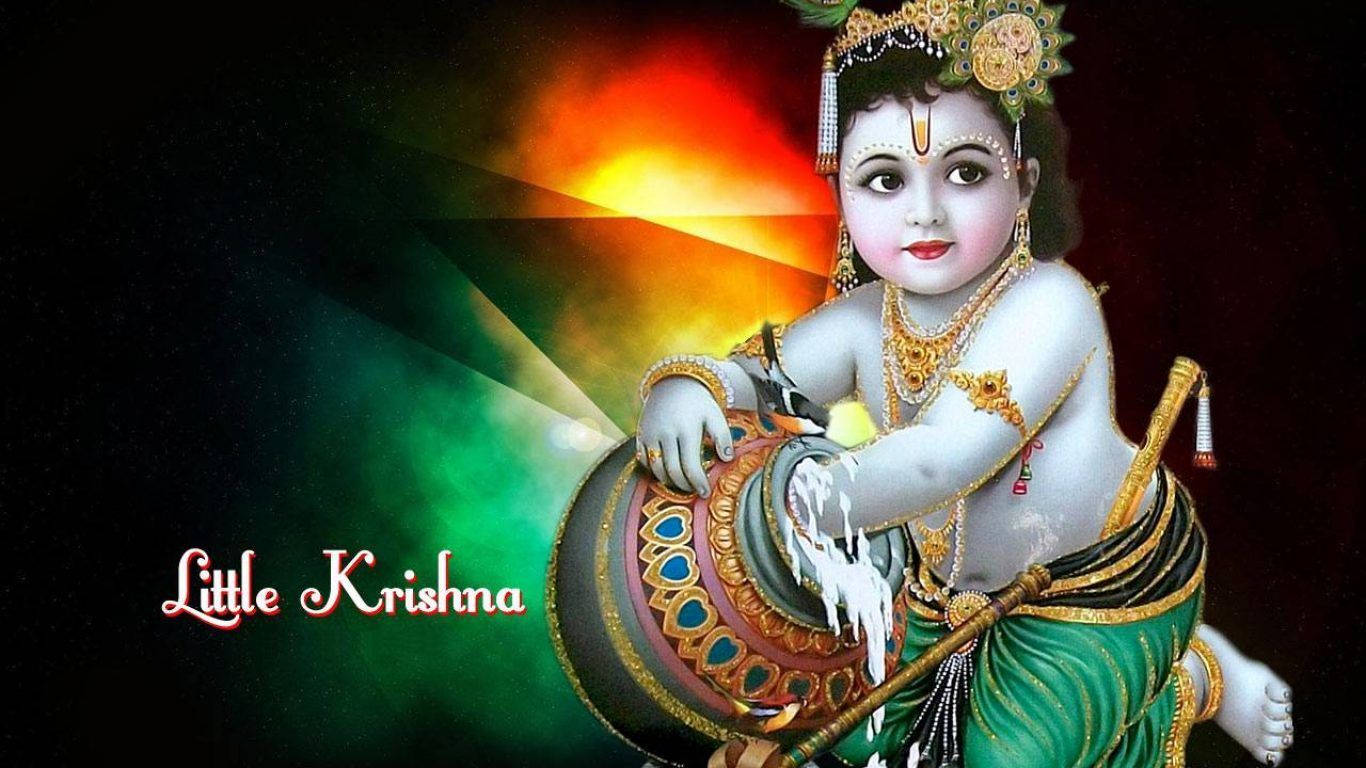 Little Krishna, golden and green attire, decorated pot, HD Desktop Wallpaper
