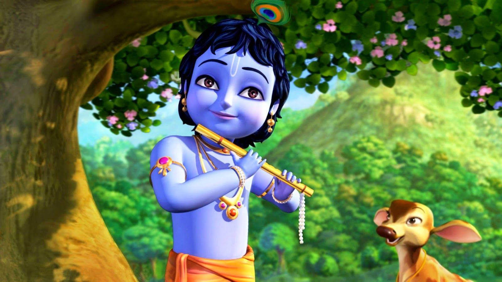 Little Krishna HD, flute, deer, HD Desktop Wallpaper