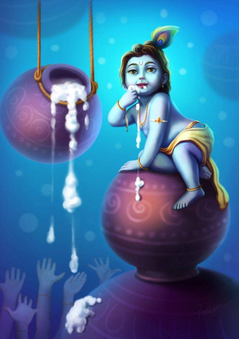 Little Krishna, peacock feather, purple pot, SD Phone Wallpaper