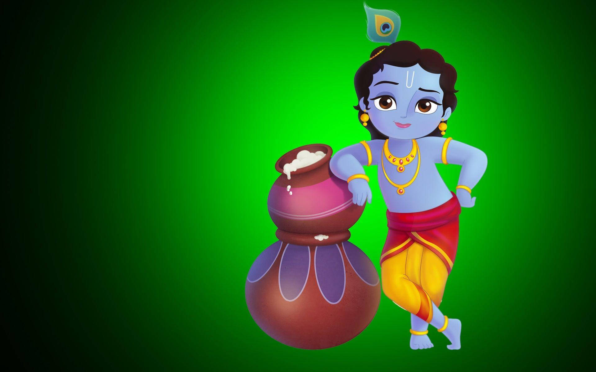 Little Krishna, blue-skinned animated child, peacock feather crown, Full HD Desktop Wallpaper
