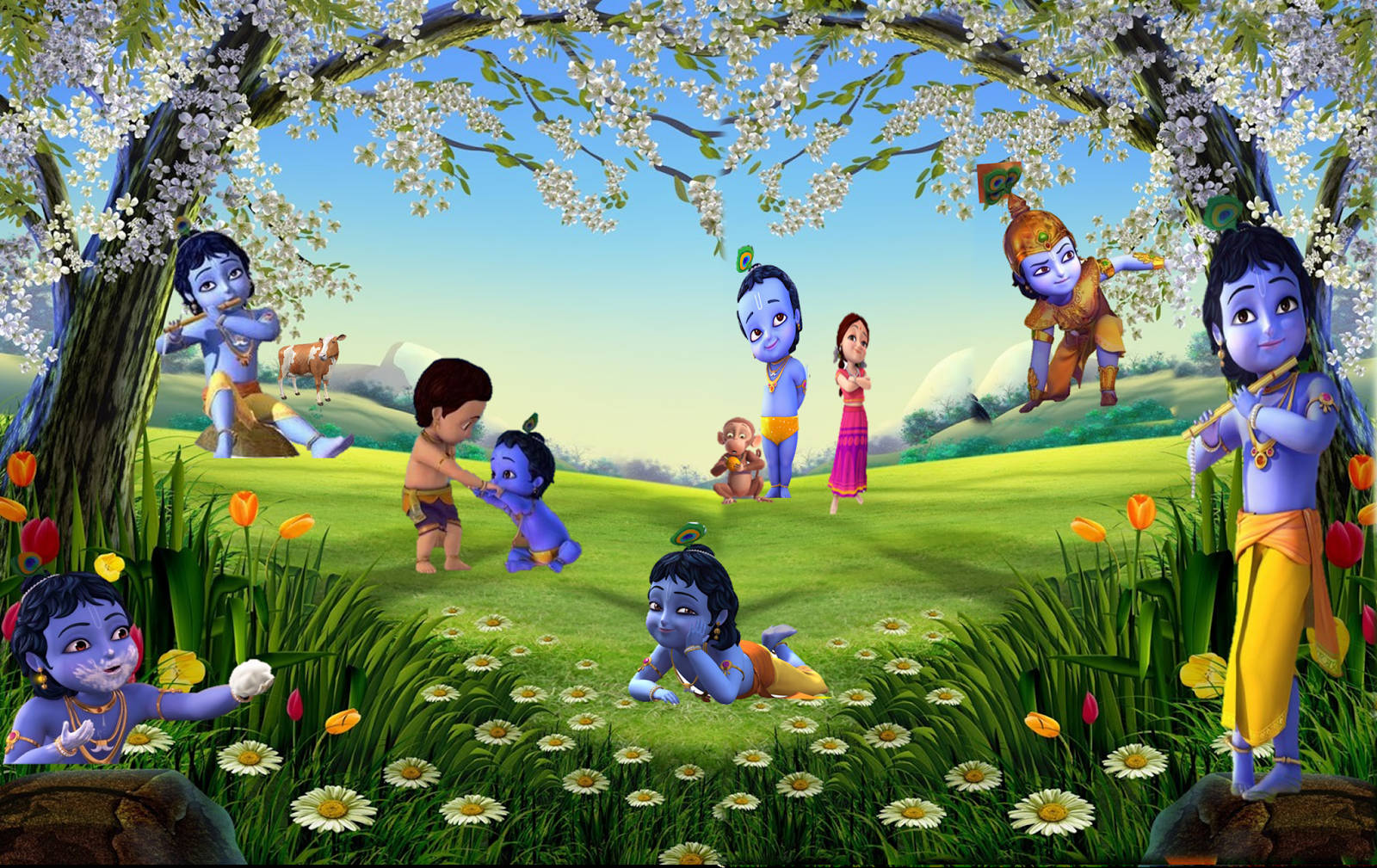 Little Krishna, grass field, blossoming tree, HD Desktop Wallpaper