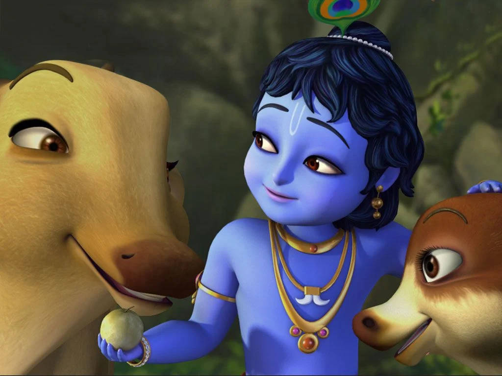 Little Krishna, blue-skinned, peacock feather hairpin, SD Desktop Wallpaper