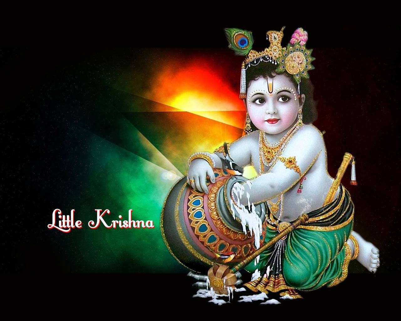 Little Krishna, golden attire, decorated pot, HD Desktop Wallpaper
