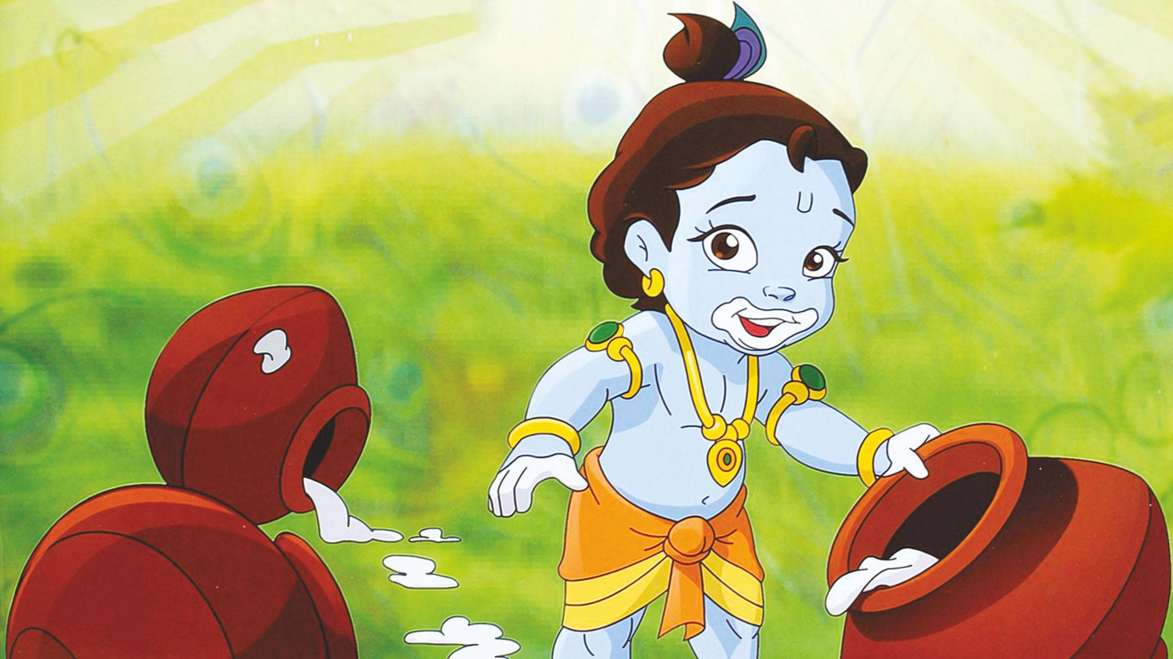 Little Krishna, blue-skinned, gold jewelry, Full HD Desktop Wallpaper