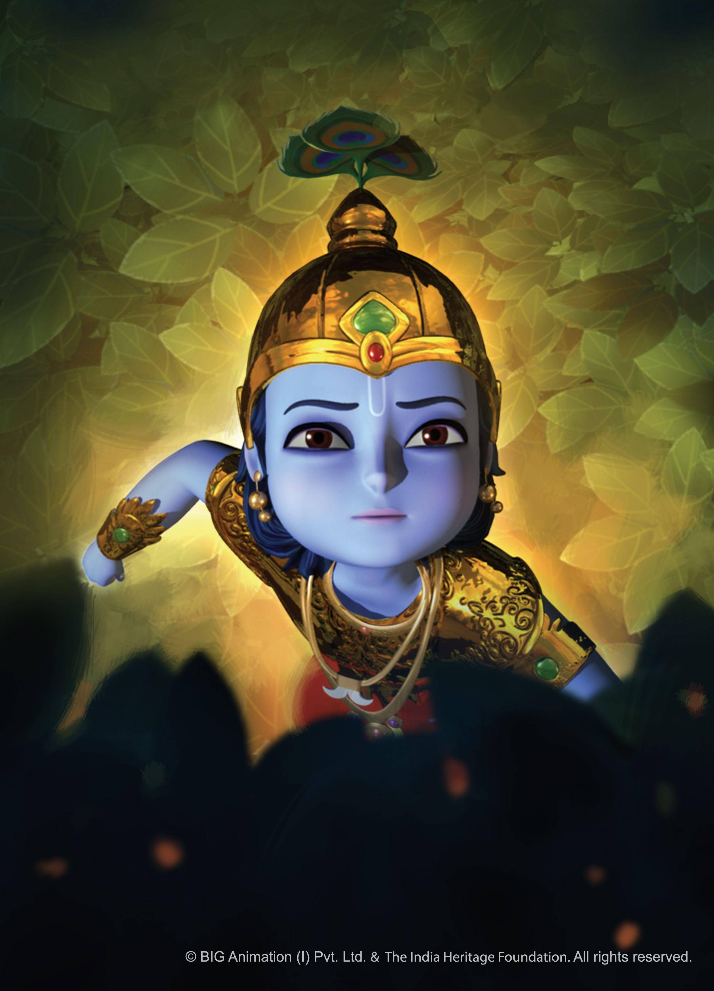 Little Krishna, blue-skinned, golden armor, 2K Phone Wallpaper