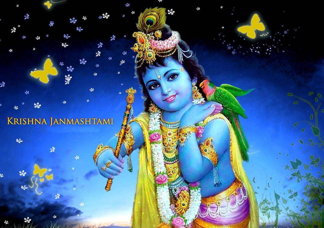Little Krishna, blue-skinned, golden jewelry, HD Desktop Wallpaper