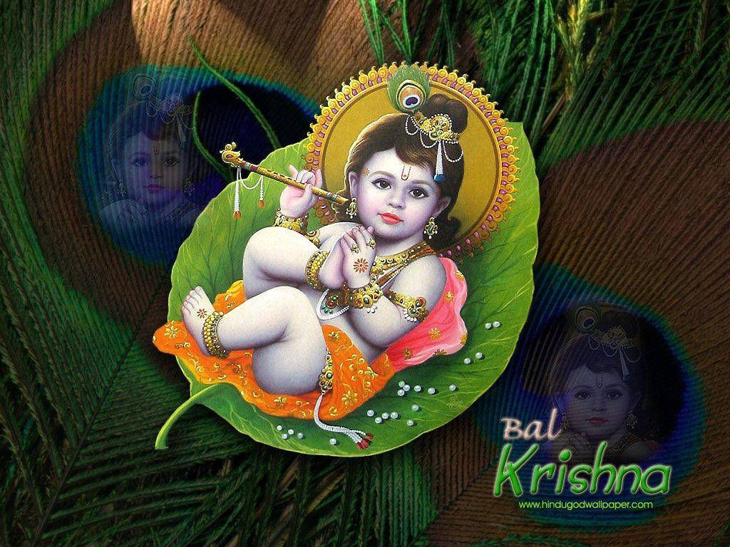 Little Krishna, green leaf, gold jewelry, SD Desktop Wallpaper