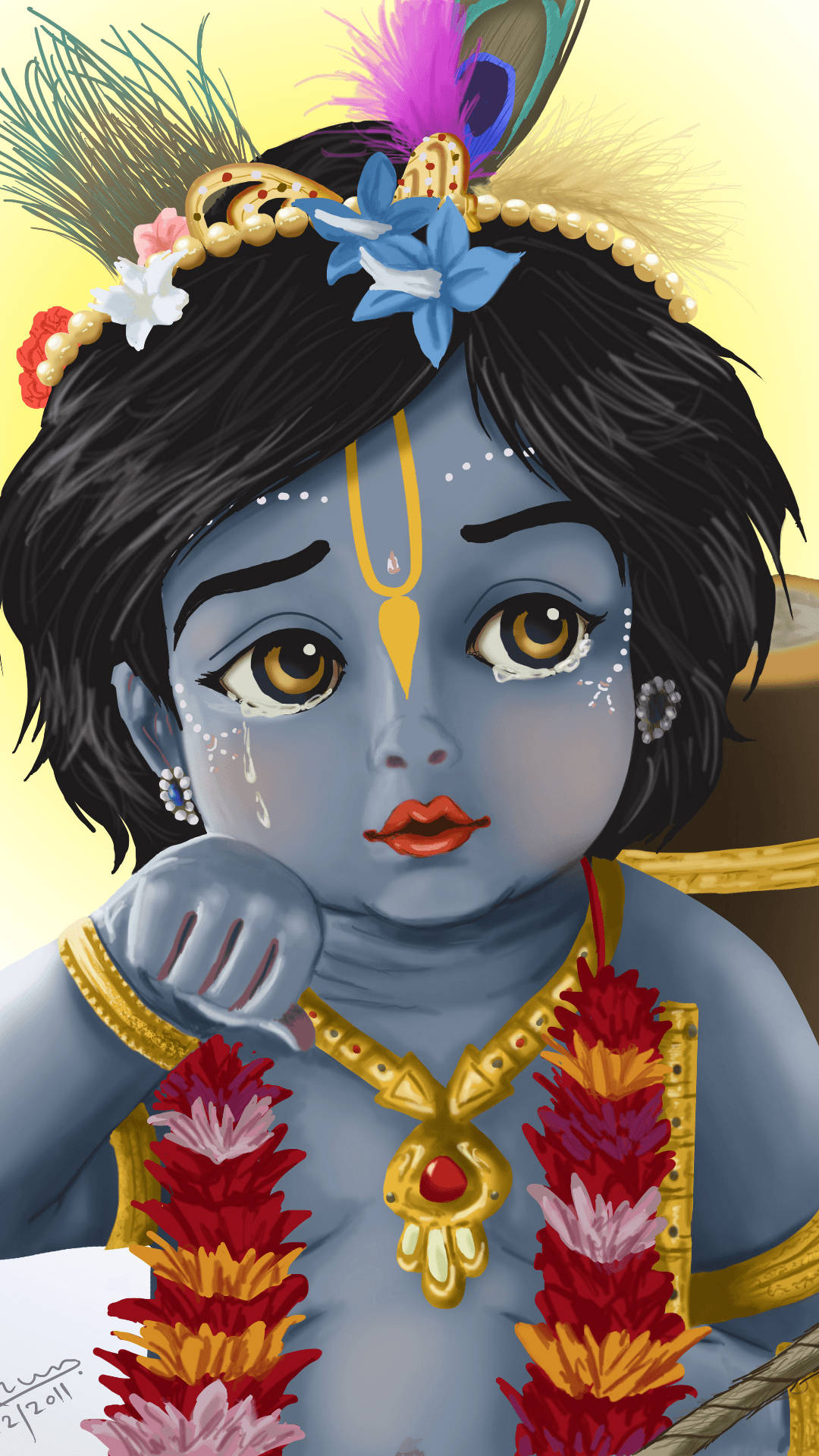 Little Krishna, blue-skinned, golden ornaments, Full HD Phone Wallpaper