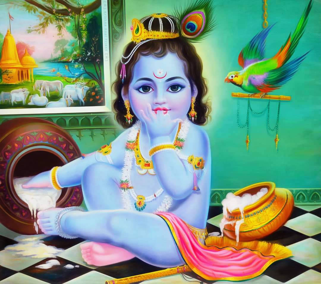 Little Krishna, blue-skinned, peacock feathers, SD Desktop Wallpaper