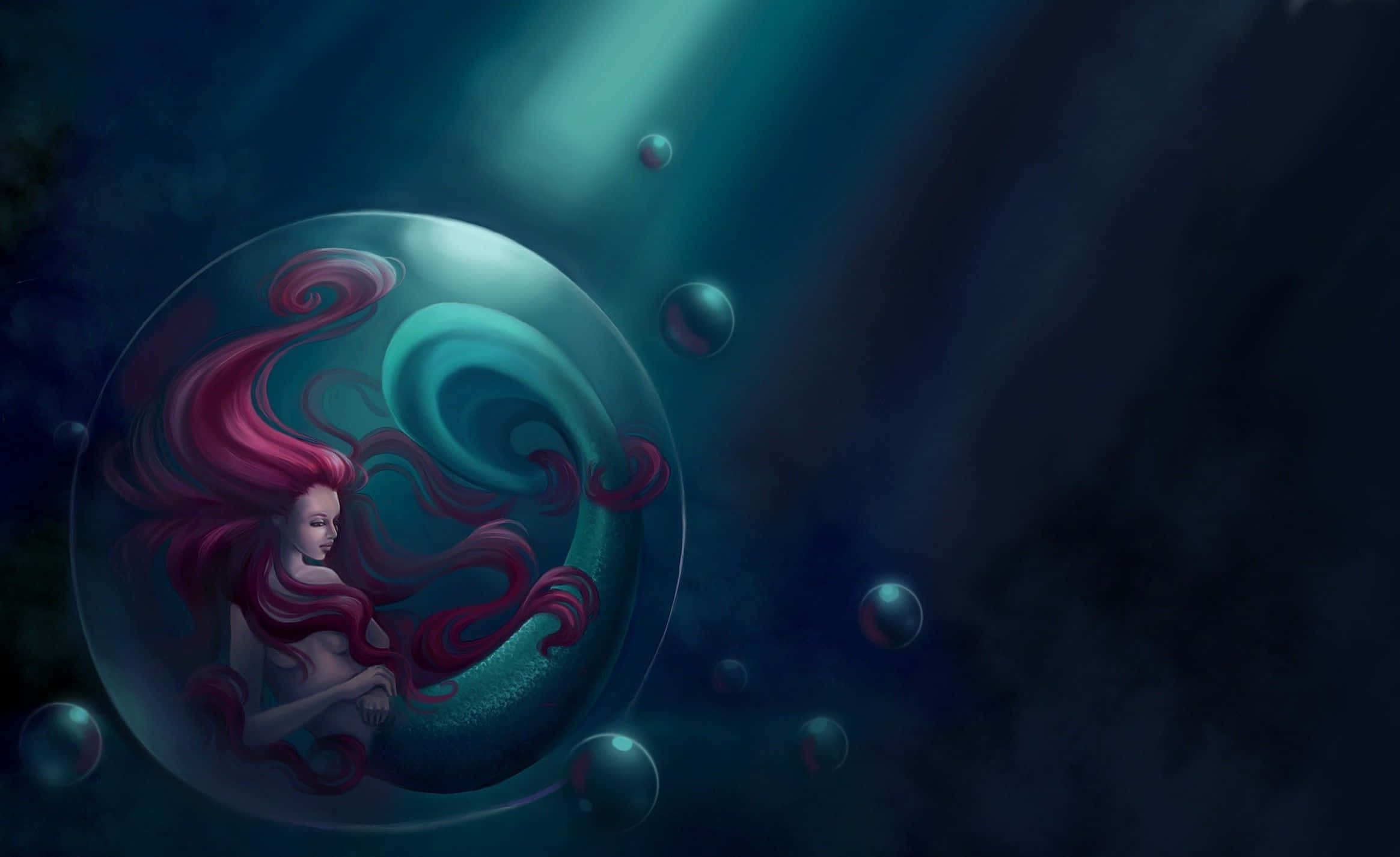 Little Mermaid, red hair, glowing bubble, Full HD Desktop Wallpaper