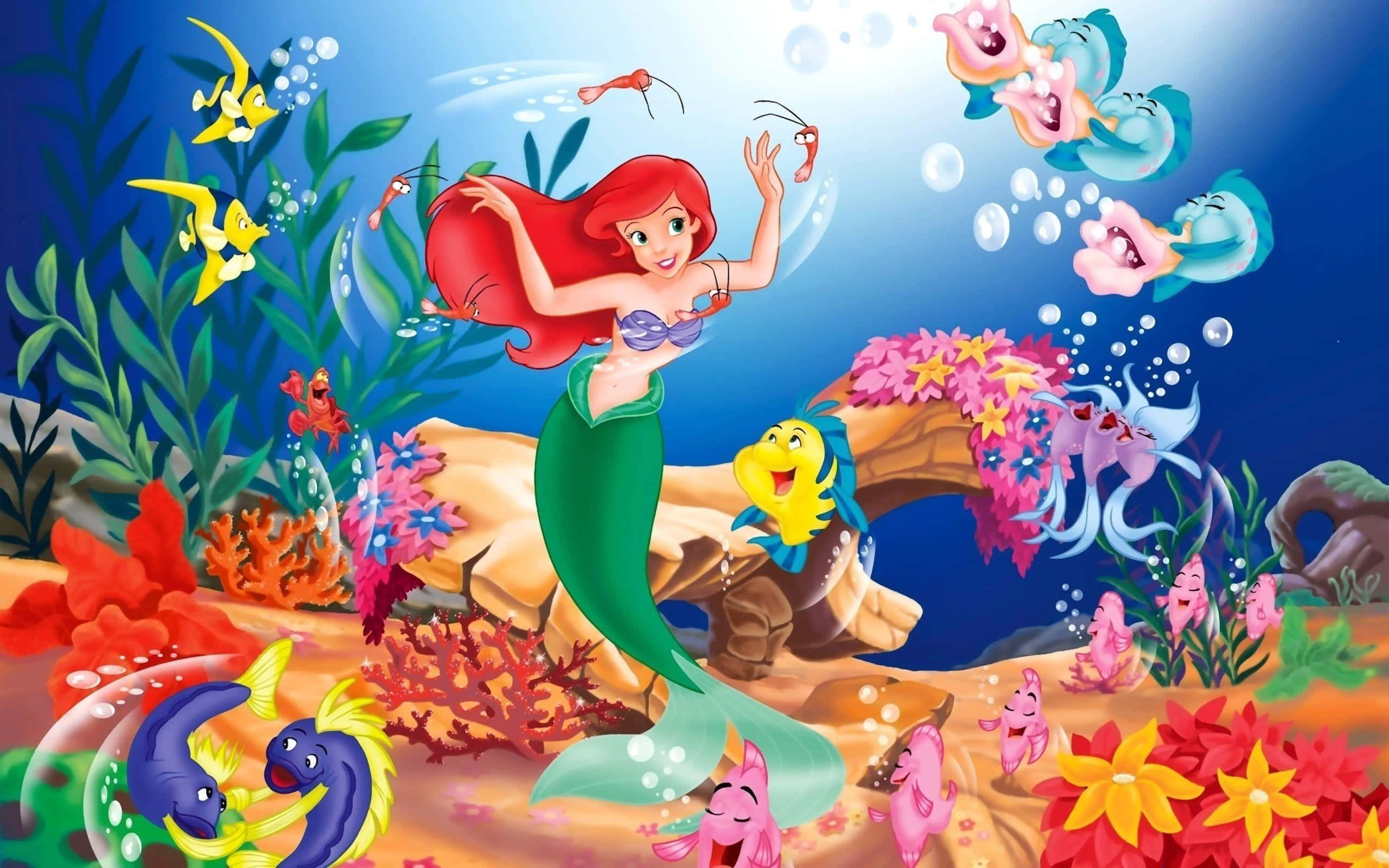 Little mermaid, red hair, green tail, 2K Desktop Wallpaper