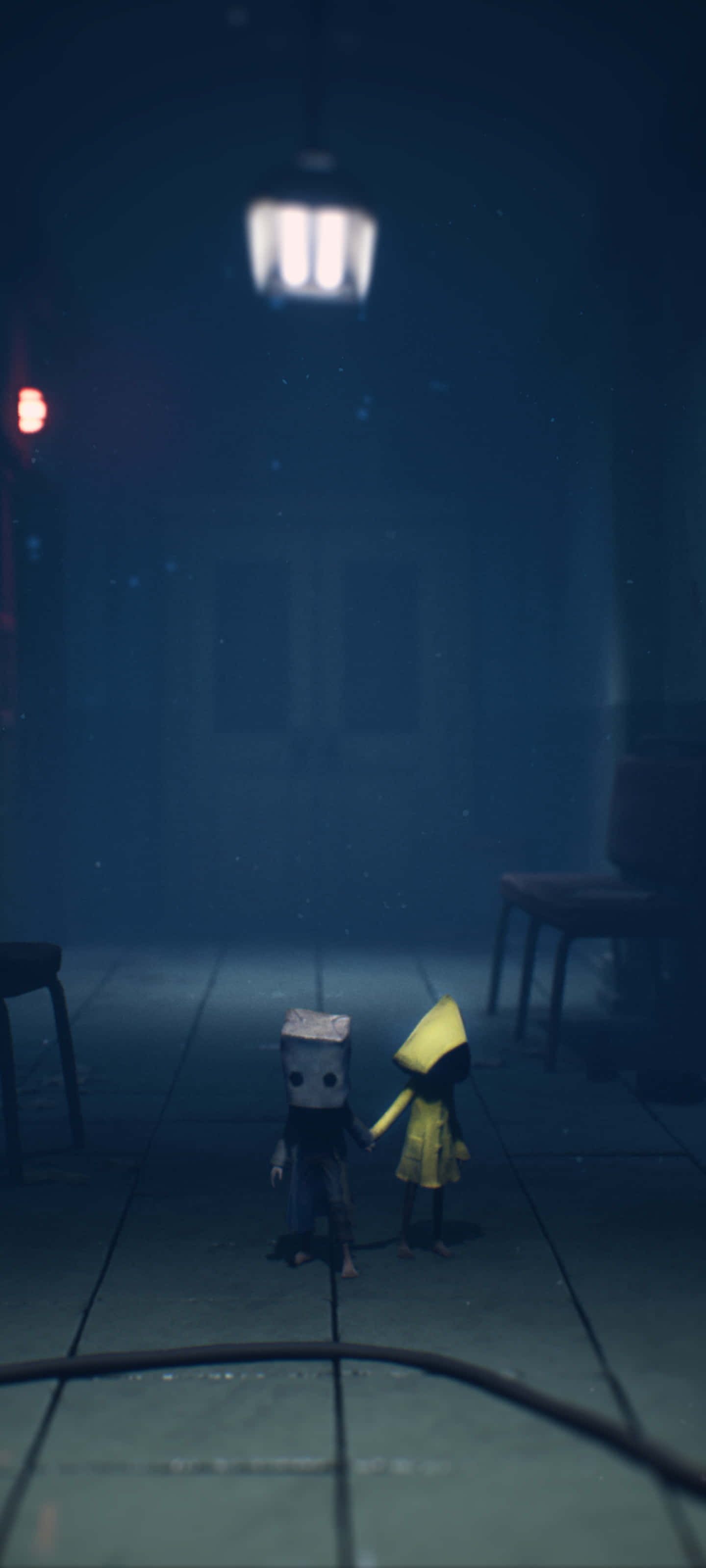 Little Nightmares, yellow raincoat, dimly lit empty hallway, 2K Phone Wallpaper