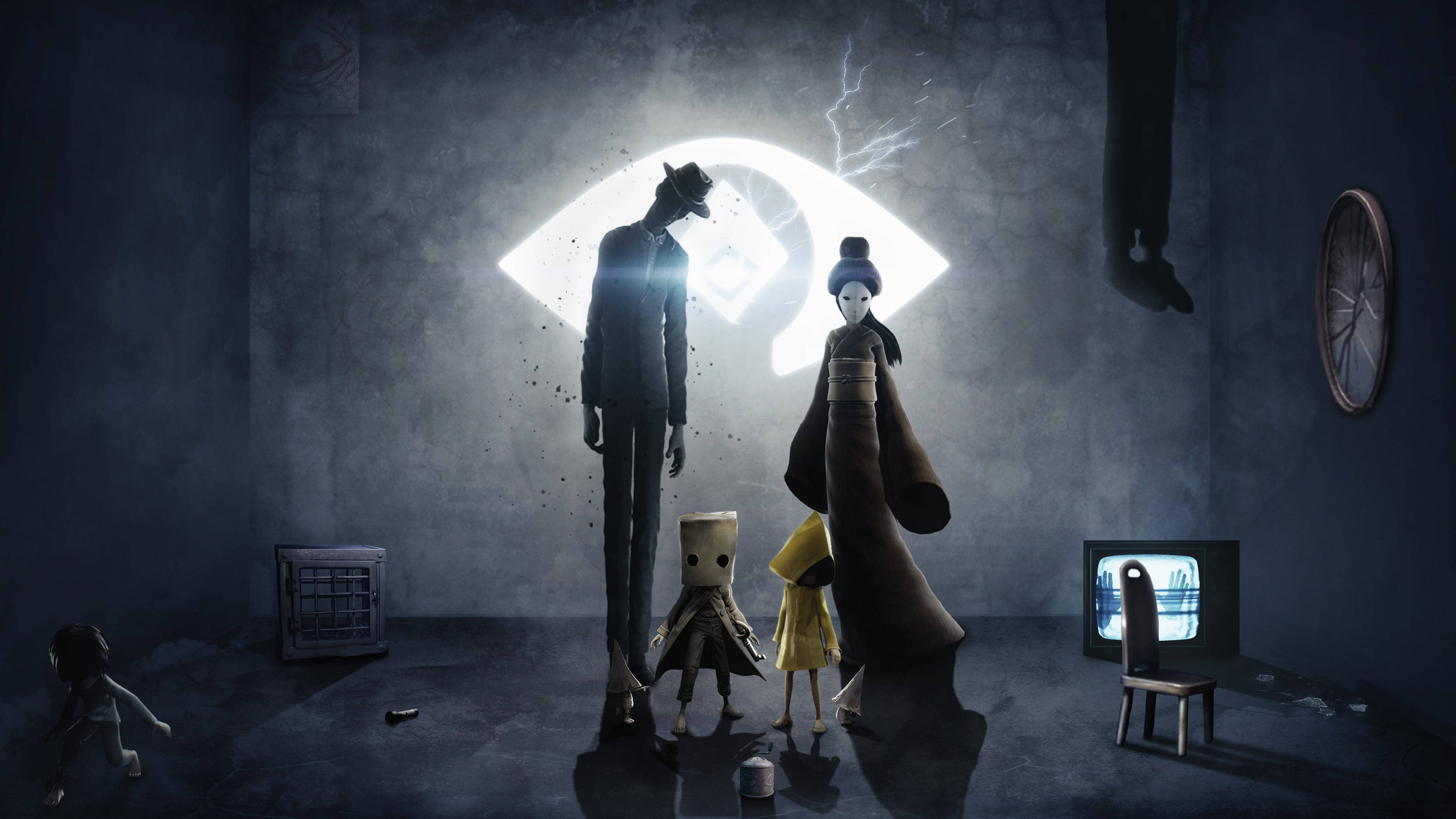 Little Nightmares, family portrait, glowing eye symbol, 4K Desktop Wallpaper