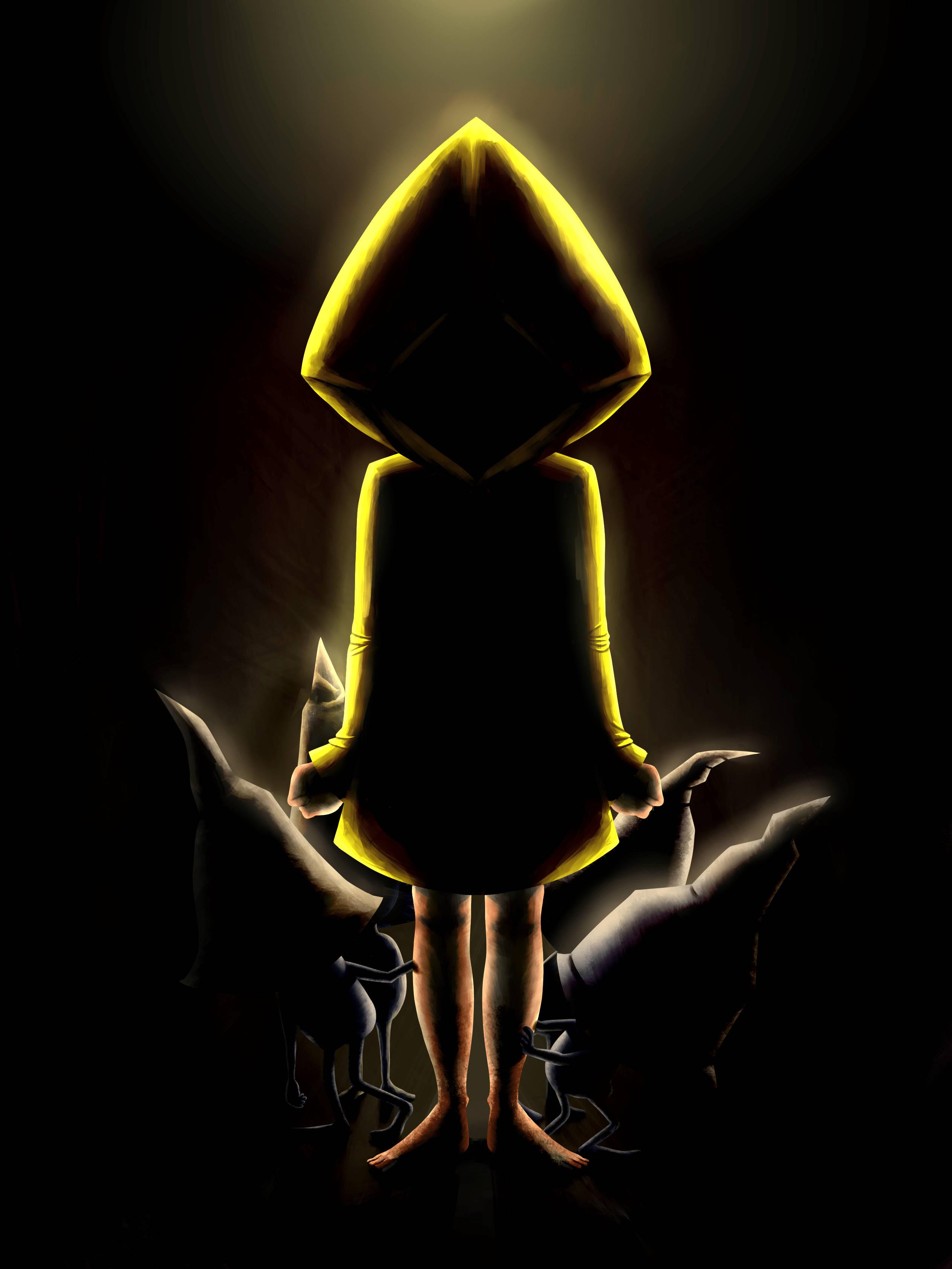 Little Nightmares, glowing yellow hooded figure, shadowy creatures, 2K Phone Wallpaper