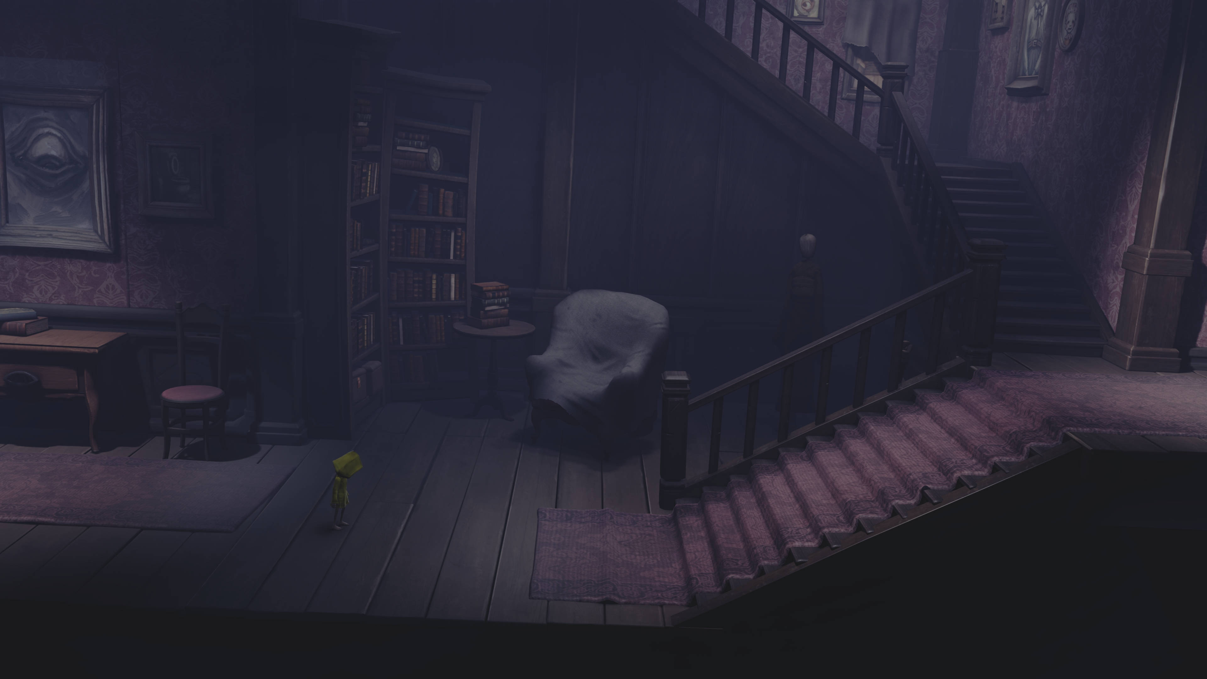 Little Nightmares, dark staircase, yellow-clad figure, 4K Desktop Wallpaper