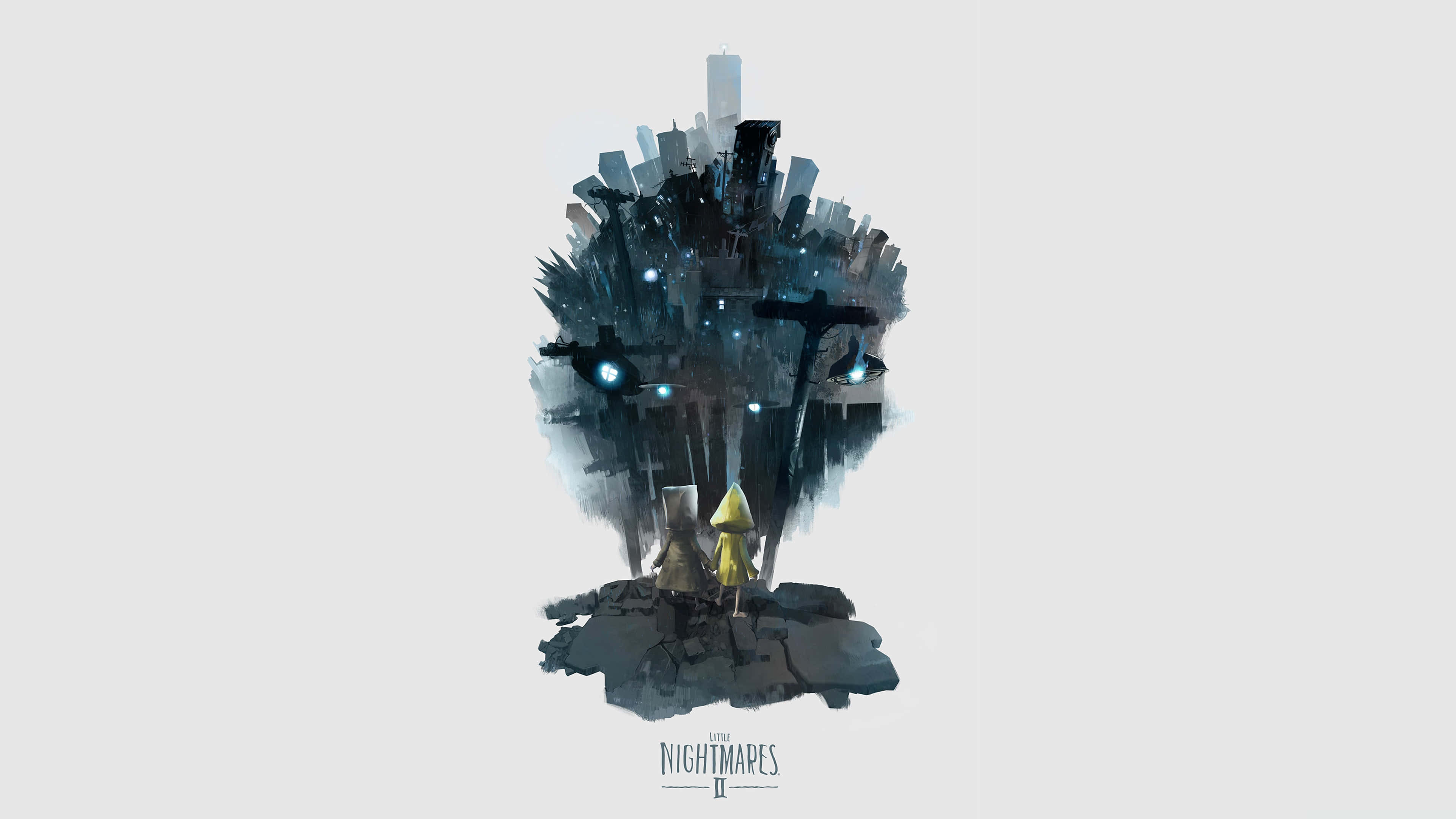 Little Nightmares, yellow raincoat, colossal dark cityscape head, 4K Desktop Wallpaper
