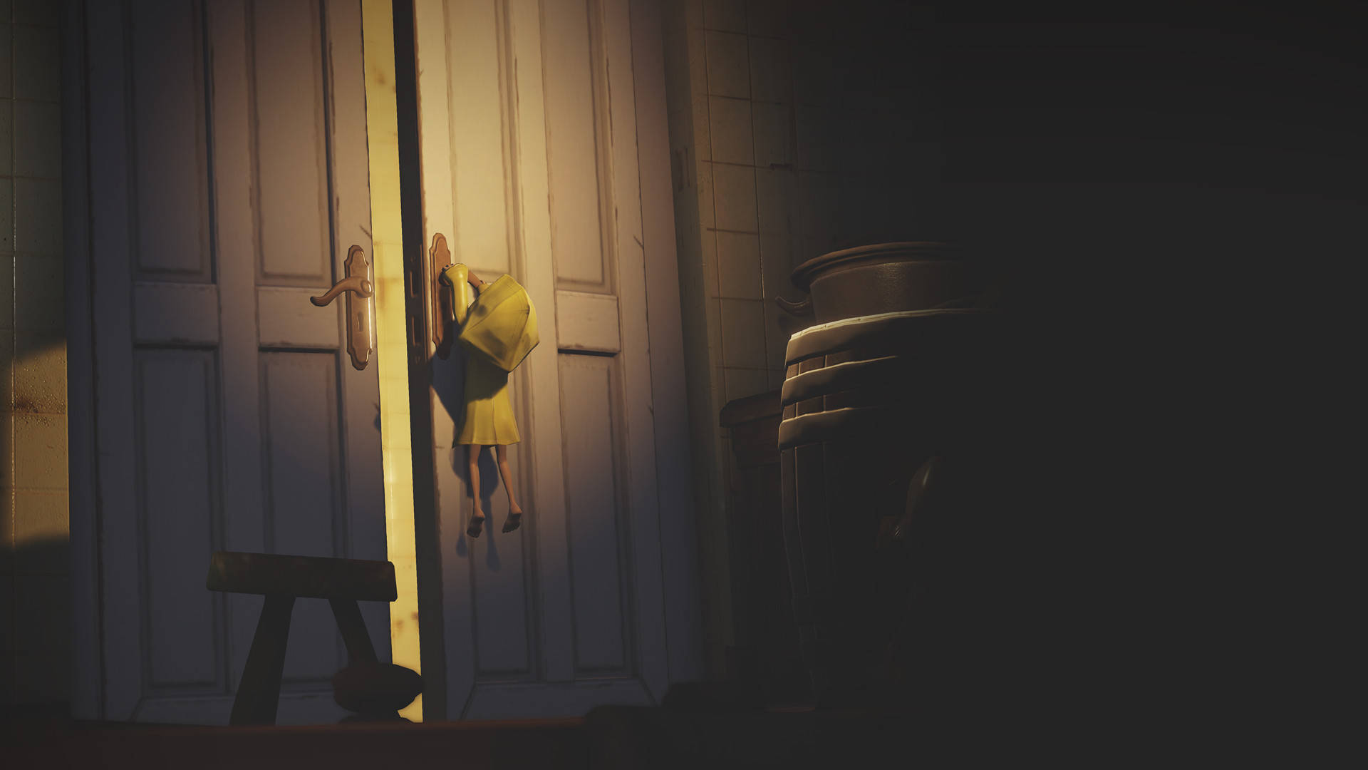 Little Nightmares, yellow raincoat, cracked door, Full HD Desktop Wallpaper