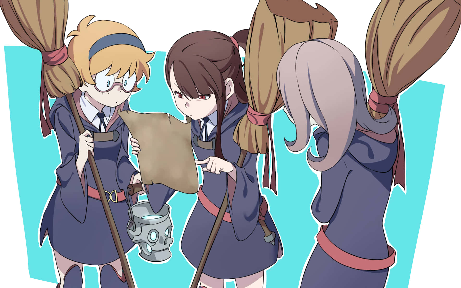 Little Witch Academia, trio, brooms, Full HD Desktop Wallpaper