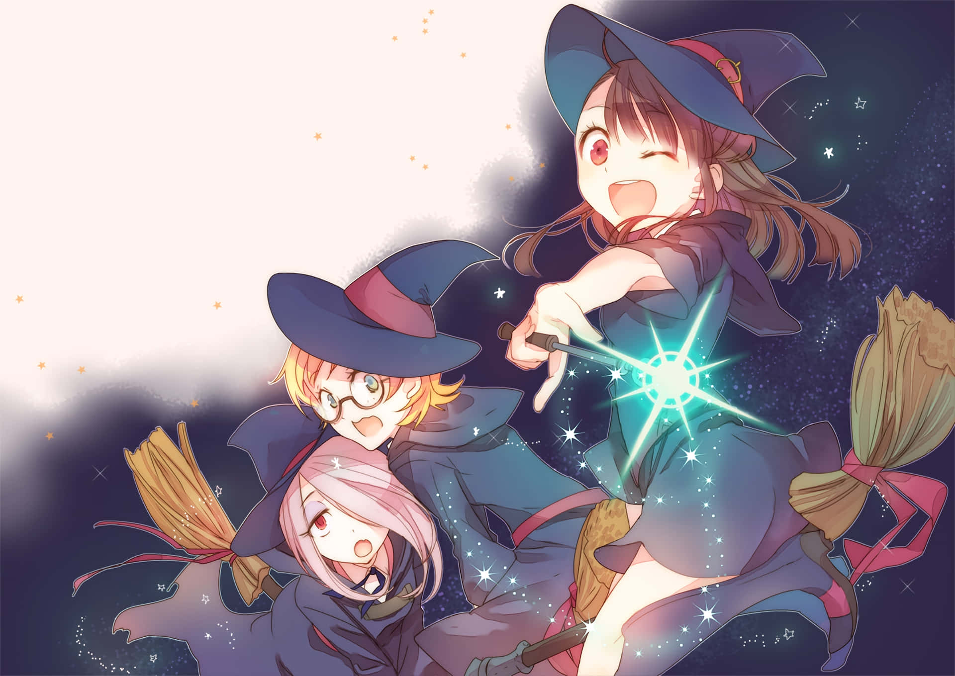 Little Witch Academia, three cheerful anime witches, brooms, Full HD Desktop Wallpaper