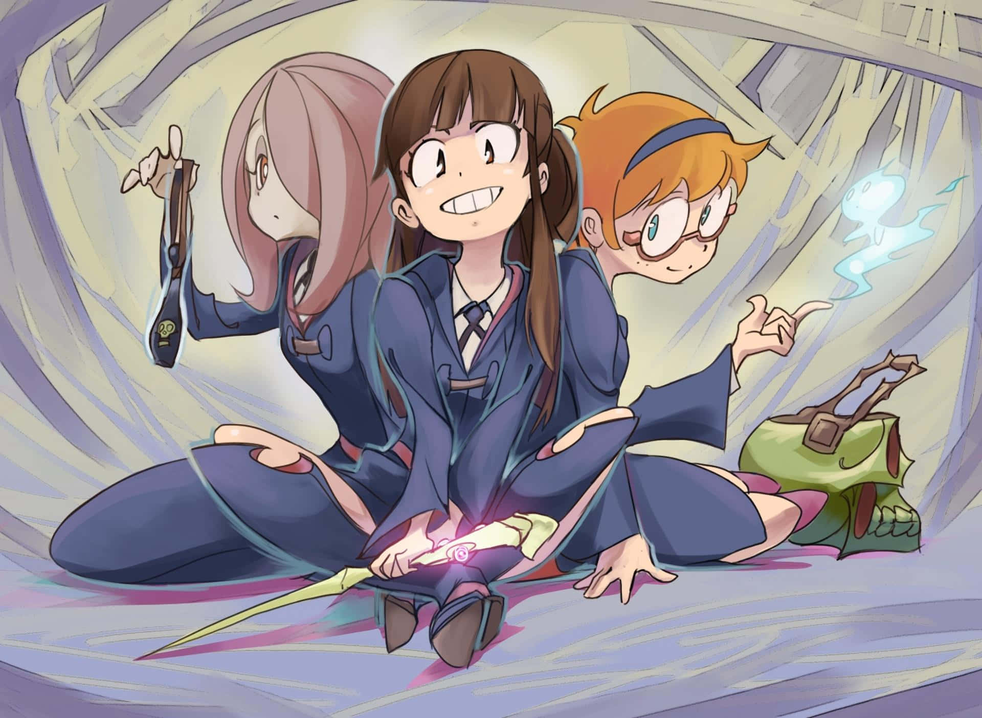 Little Witch Academia, school uniforms, glowing tunnel, Full HD Desktop Wallpaper