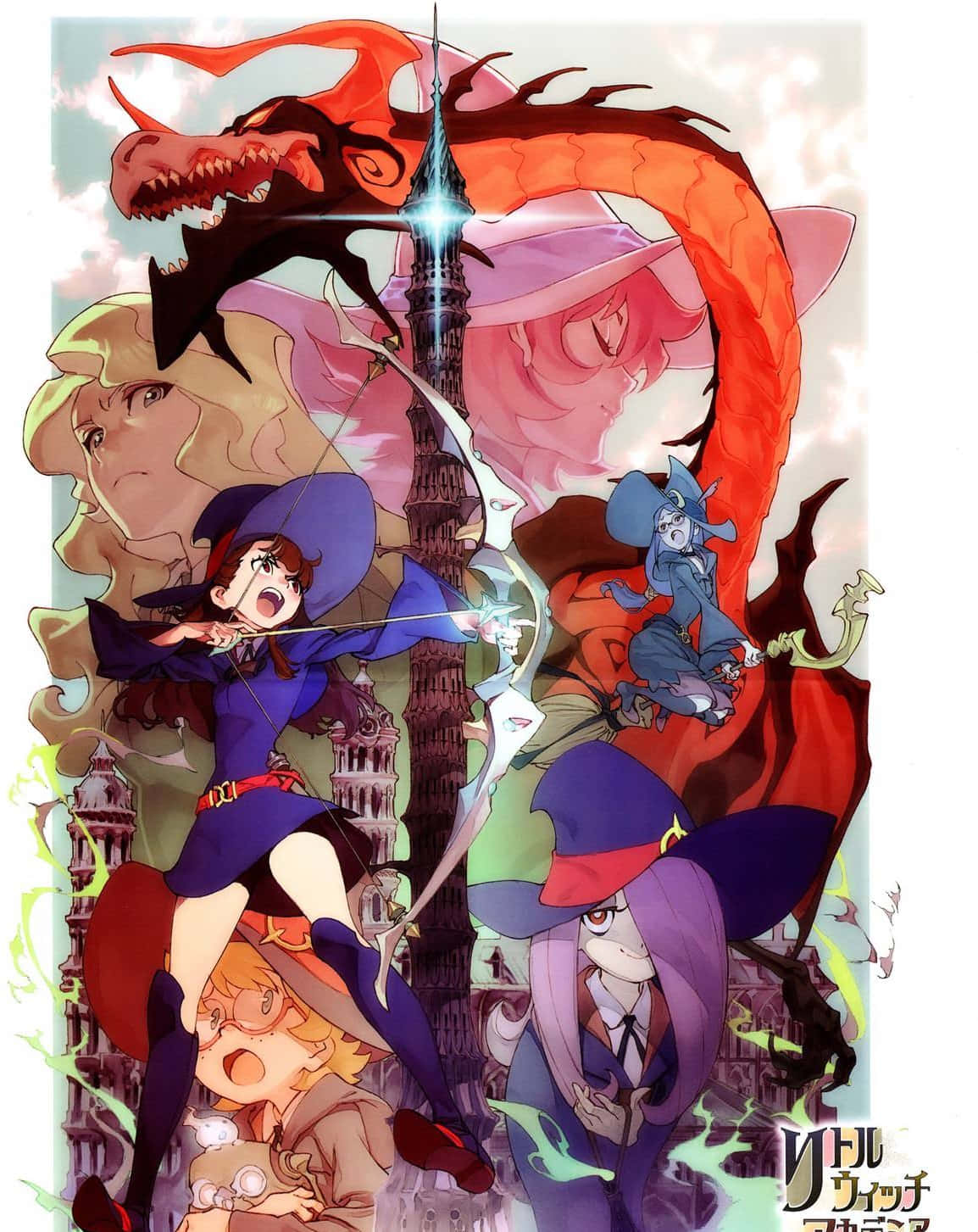 Little witch academia, young witches, giant red dragon, HD Phone Wallpaper