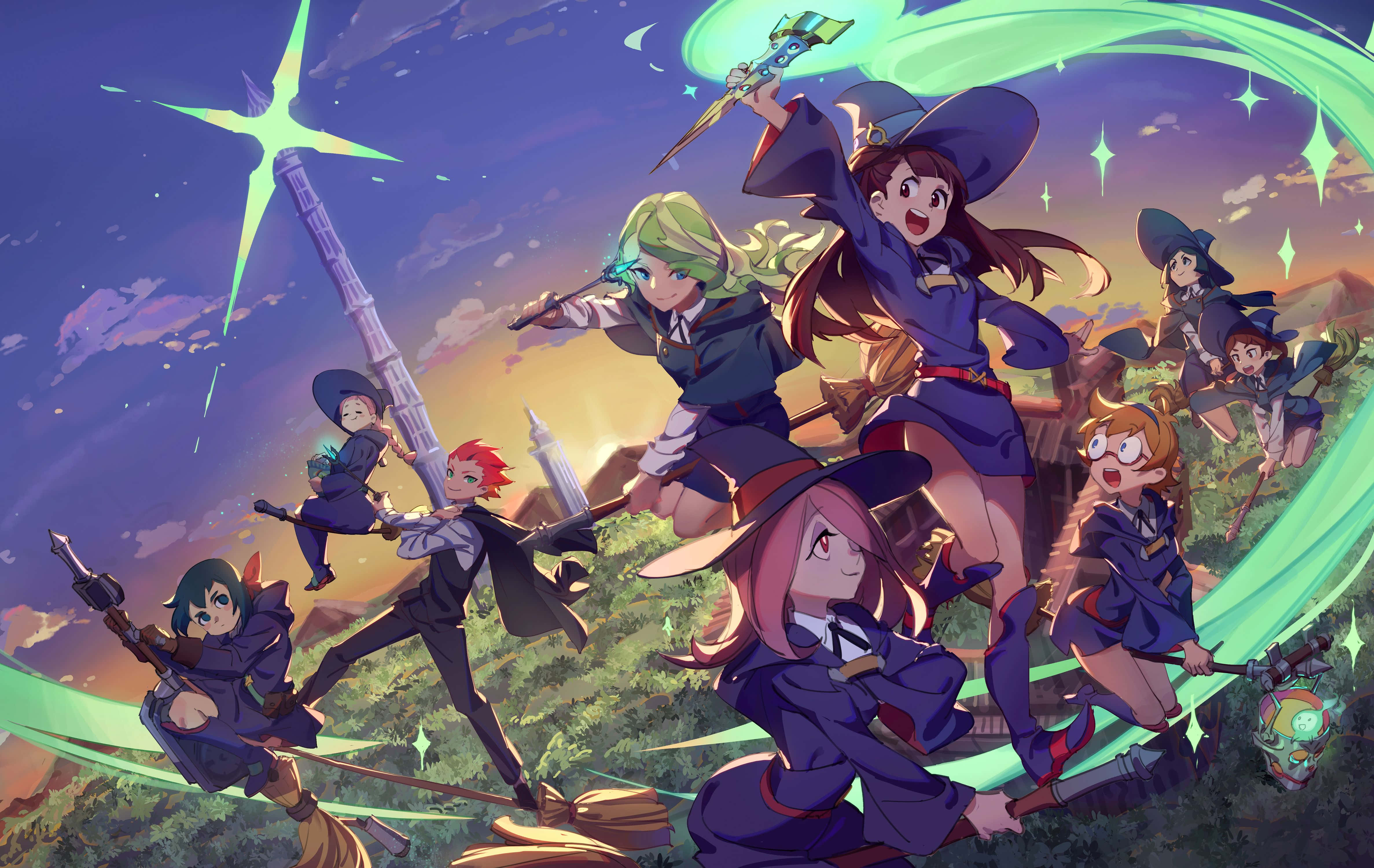 Little Witch Academia, blue uniforms, brooms, 4K Desktop Wallpaper