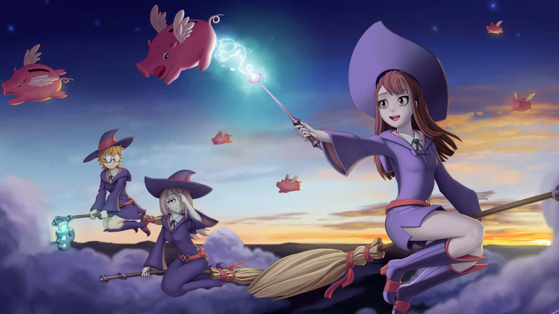Little Witch Academia, three anime witches, brooms, HD Desktop Wallpaper