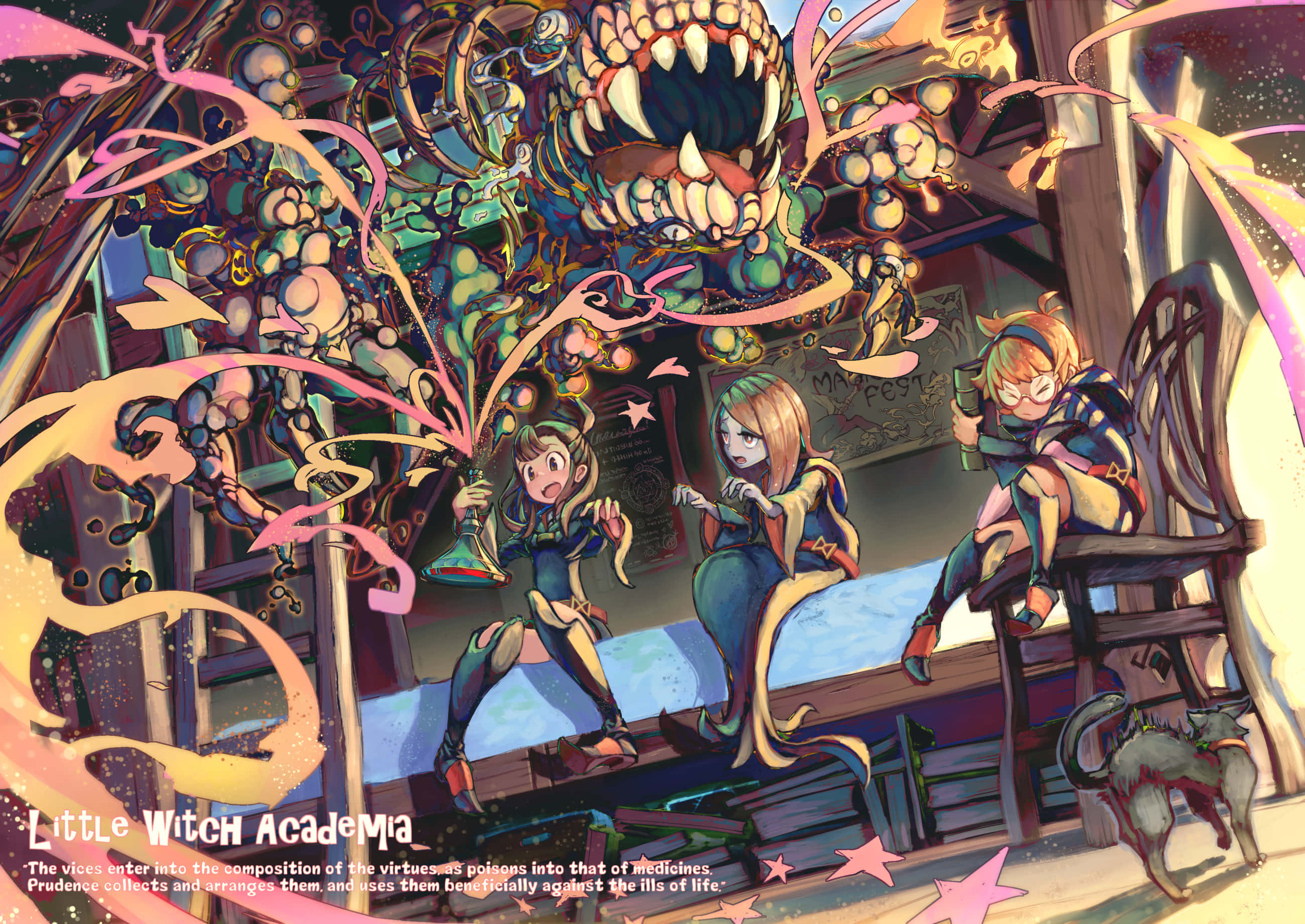 Little Witch Academia, witch's workshop, giant monstrous creature, 2K Desktop Wallpaper