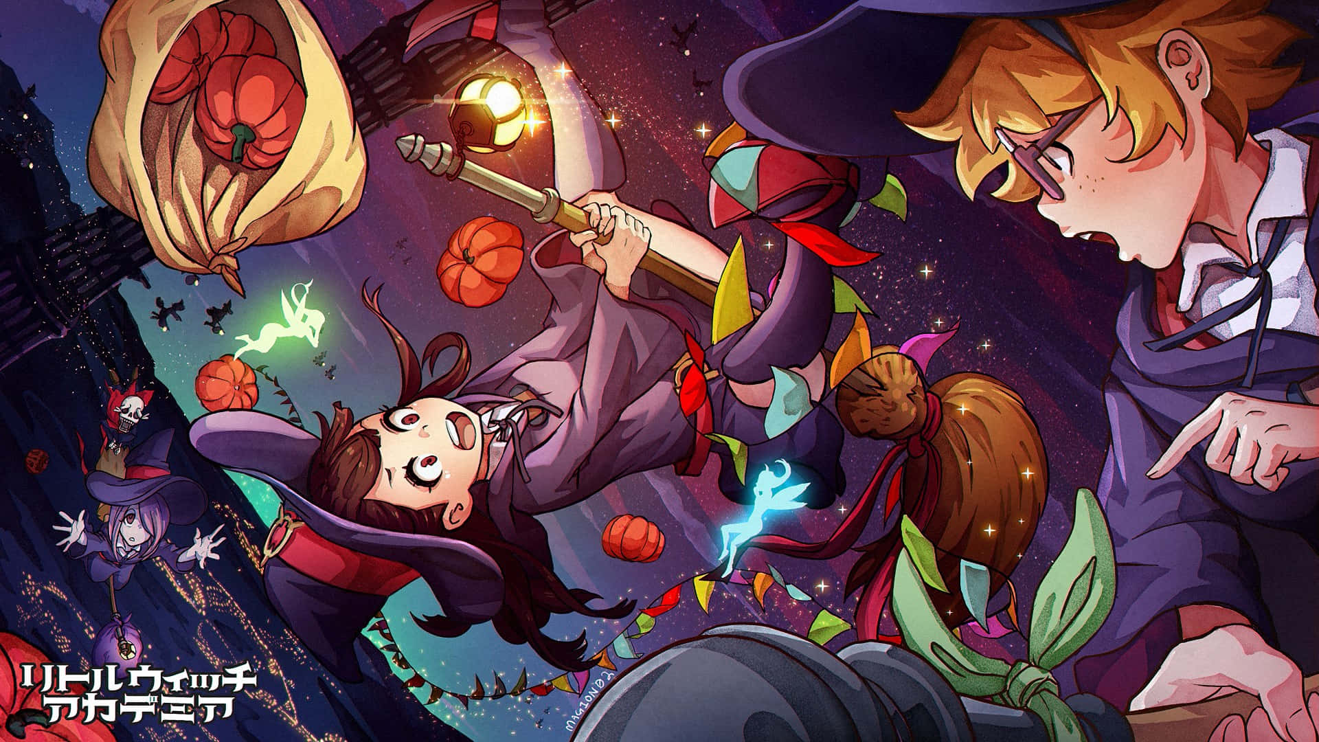 Little Witch Academia, broom, floating pumpkins, Full HD Desktop Wallpaper