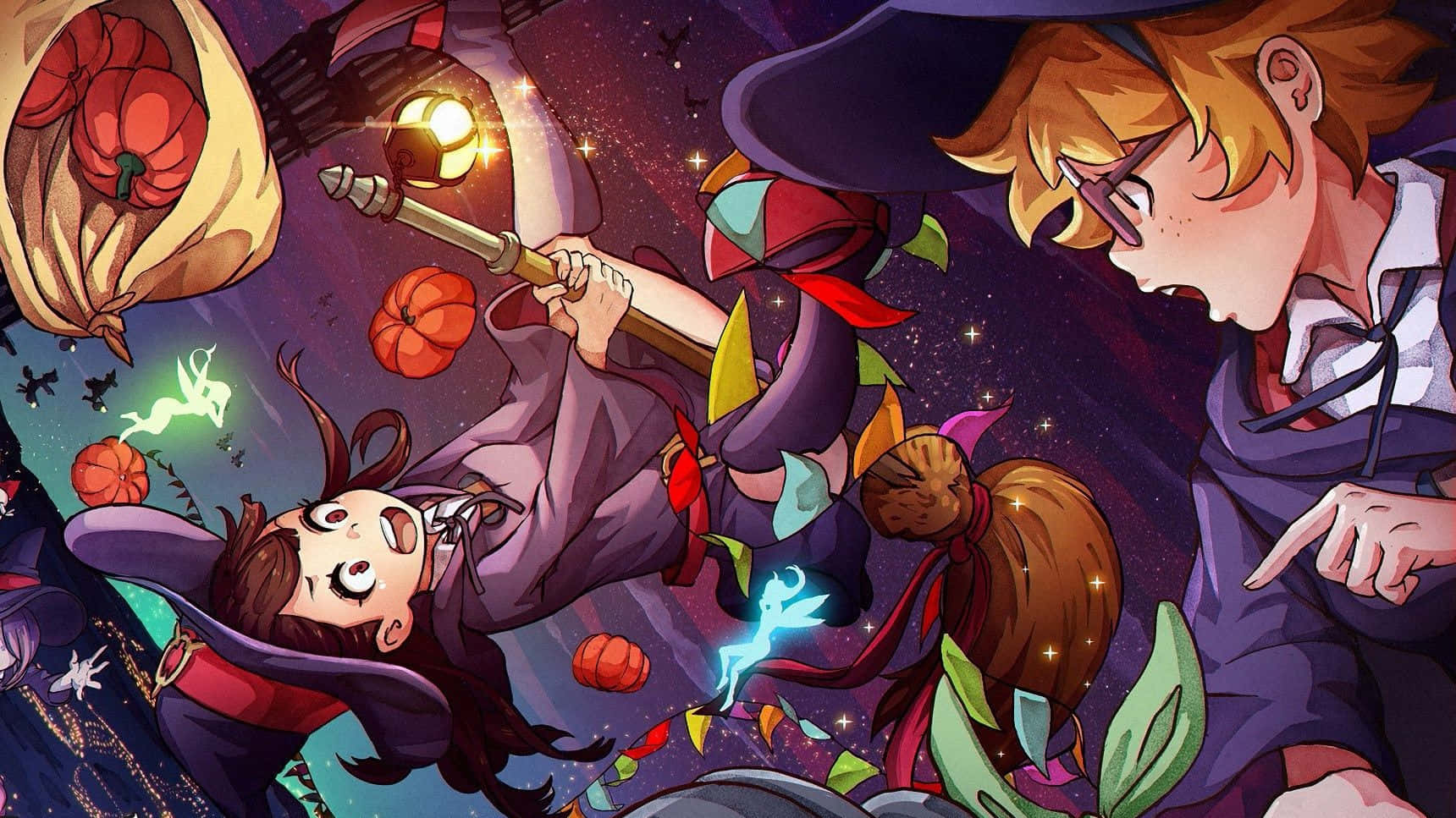 Little Witch Academia, pumpkins, starry night sky, HD Desktop Wallpaper