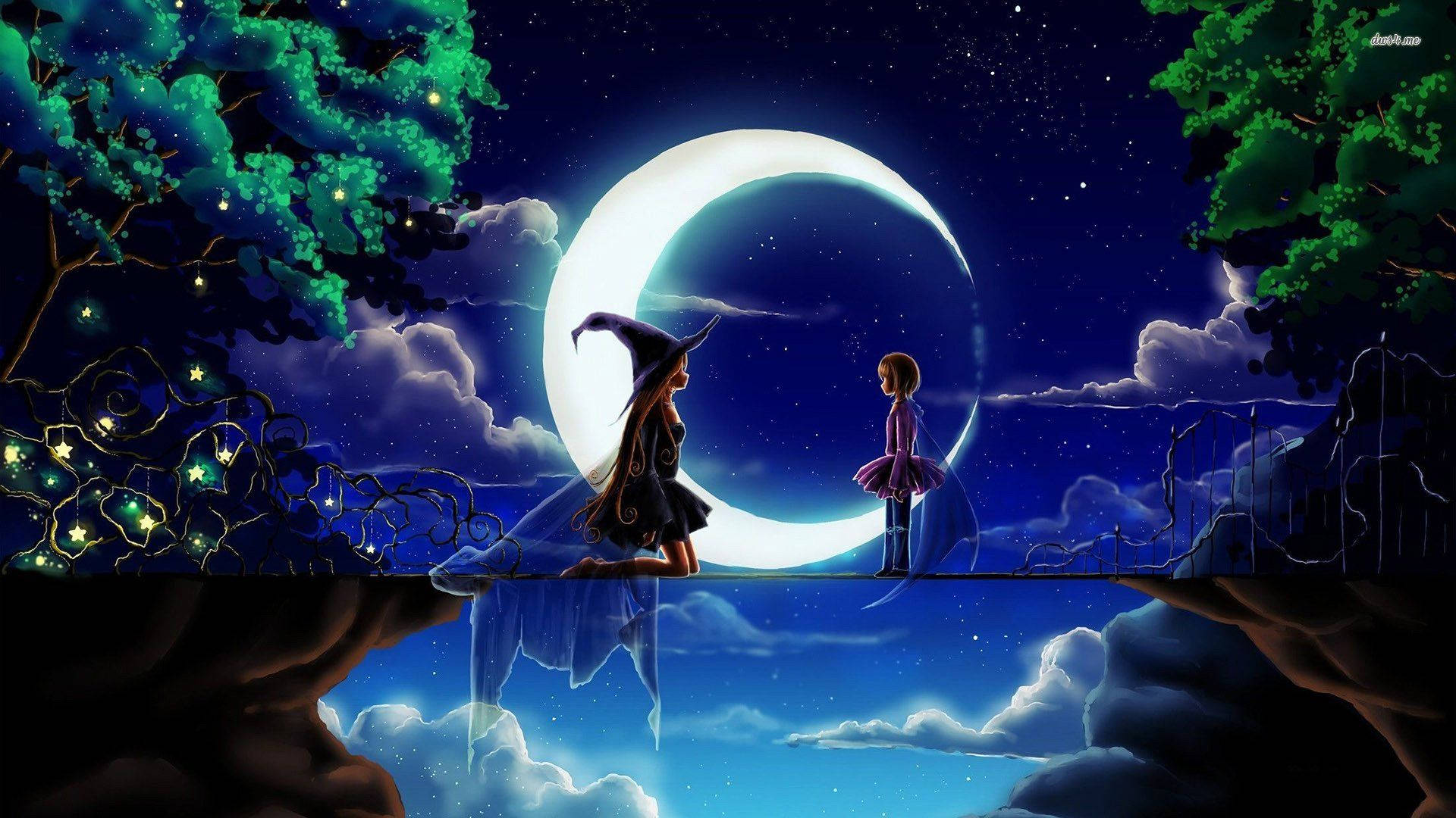 Little witch academia, crescent moon bridge, starry night sky, Full HD Desktop Wallpaper