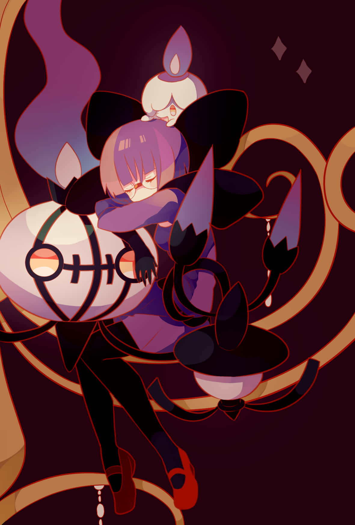 Litwick, purple-haired anime girl, dark outfit, HD Phone Wallpaper