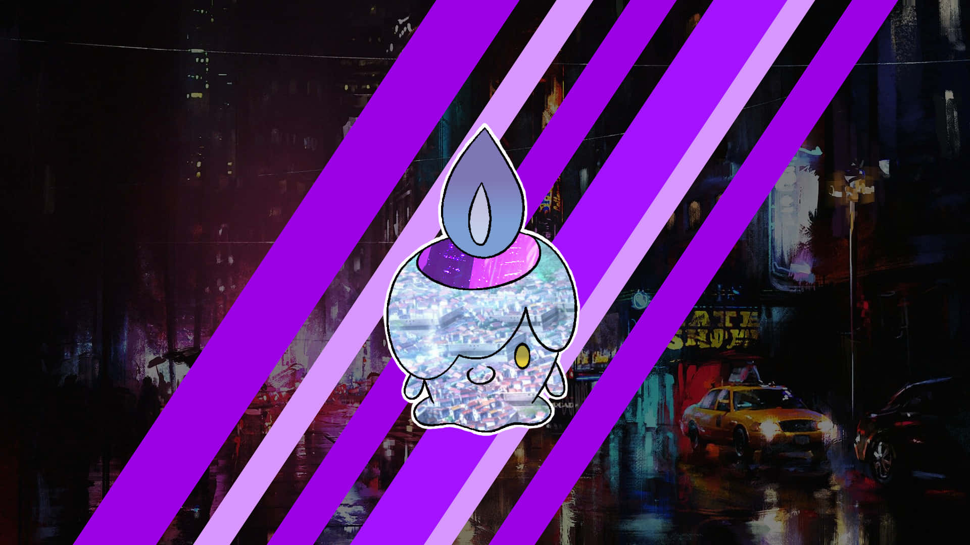 Litwick, pixelated cityscape, neon-lit urban night scene, Full HD Desktop Wallpaper