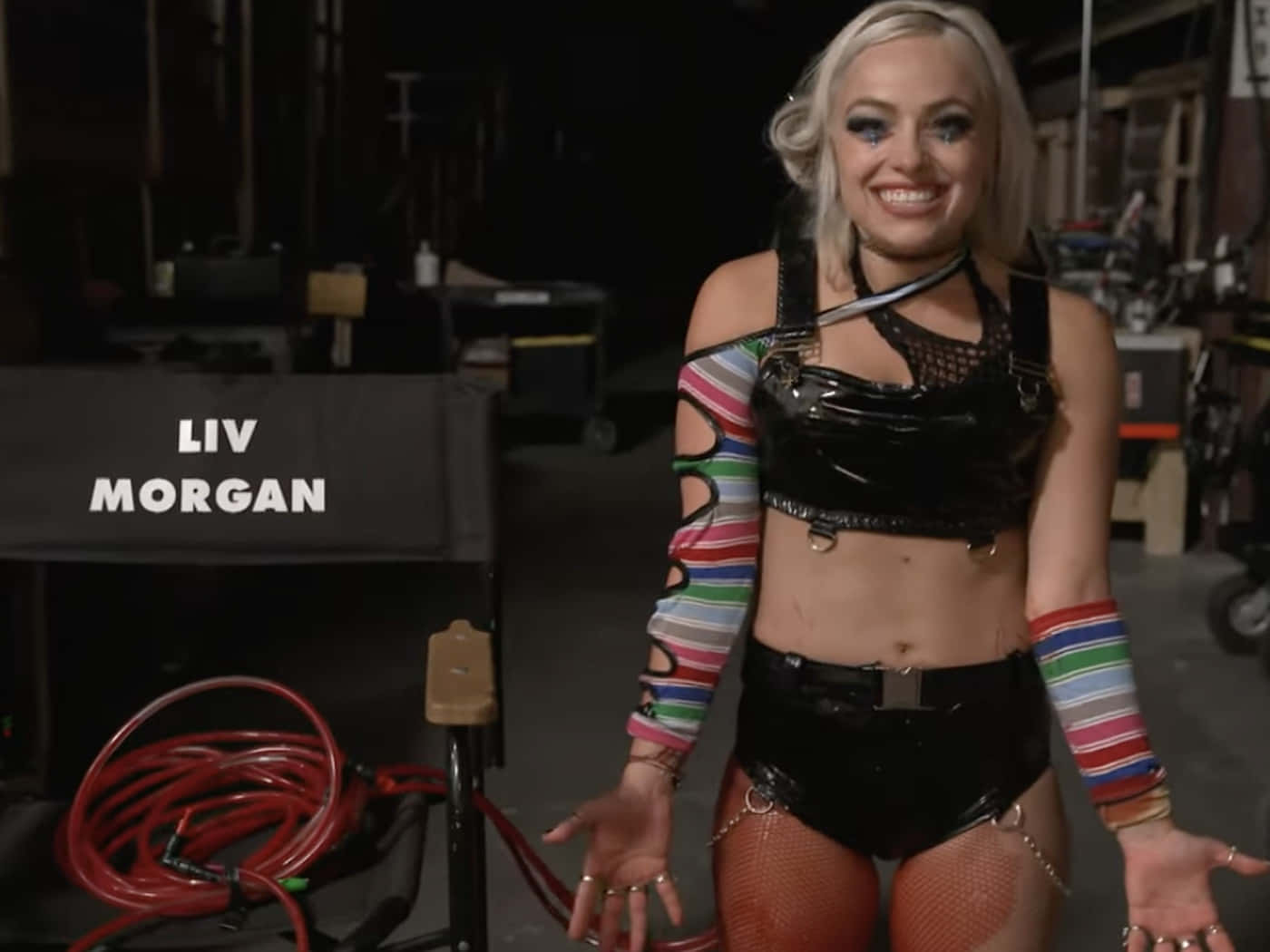 Liv Morgan, shiny black outfit, colorful striped sleeves, HD Desktop Wallpaper