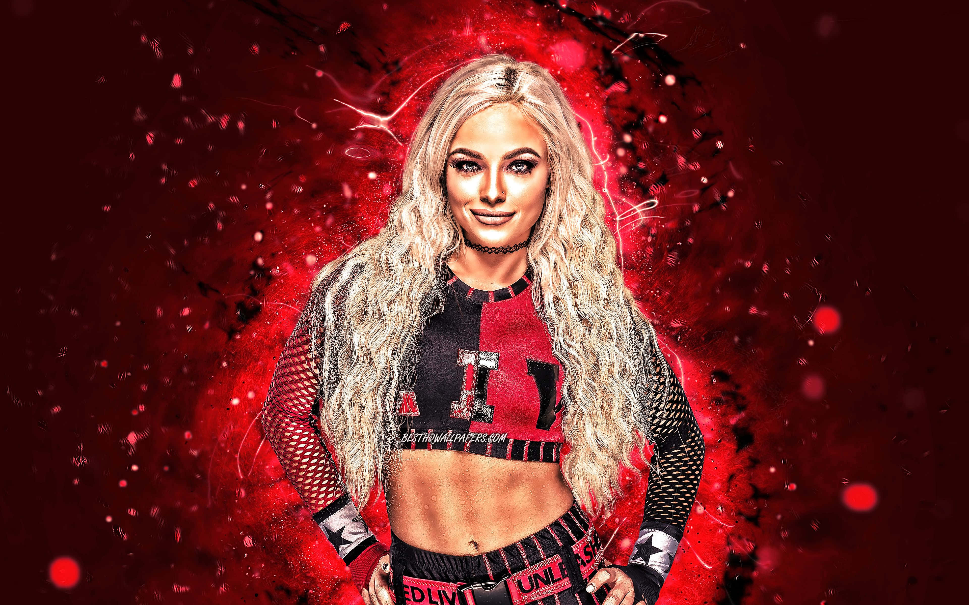 Liv Morgan, red and black gear, fiery red abstract background, 4K Desktop Wallpaper