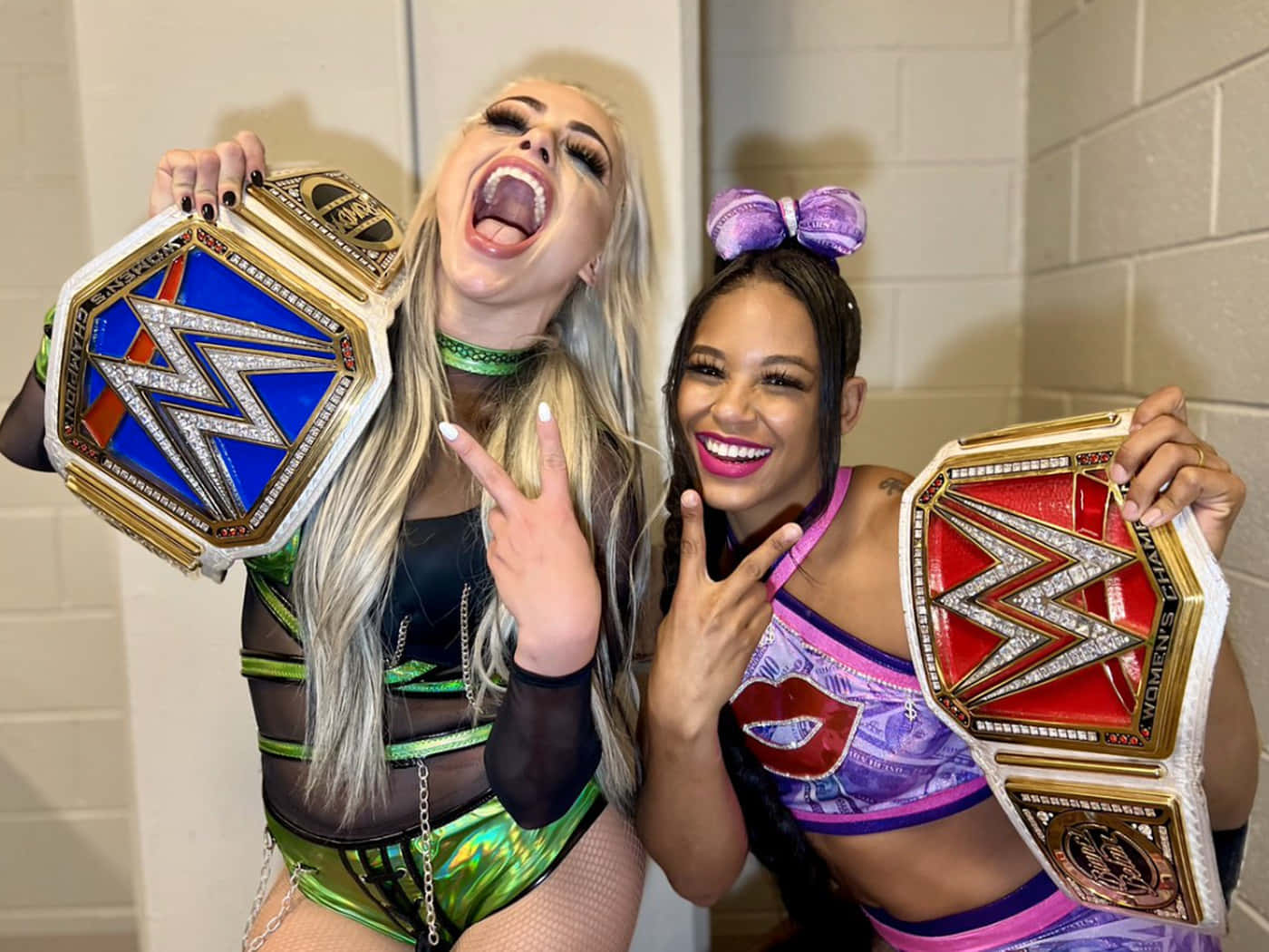Liv Morgan, WWE female champions, championship belts, HD Desktop Wallpaper
